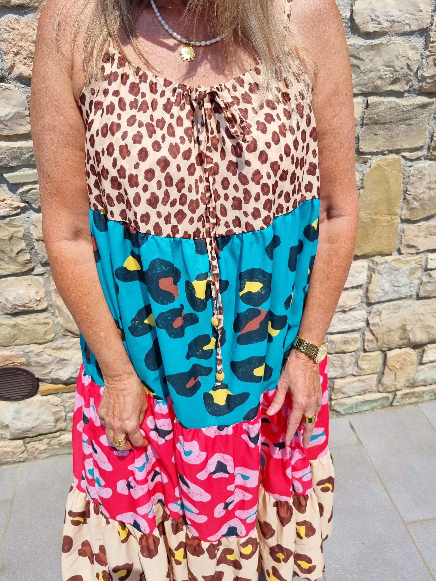 SPAGHETTI DRESS CHIETA LEO 36-42 Made in Italy Maxi Kleid Sommer Strandkleid Leopard BEIGE TÜRKIS PINK SPAGHETTI DRESS CHIETA LEO 36-42 Made in Italy Maxi Kleid Sommer Strandkleid Leopard BEIGE TÜRKIS PINK