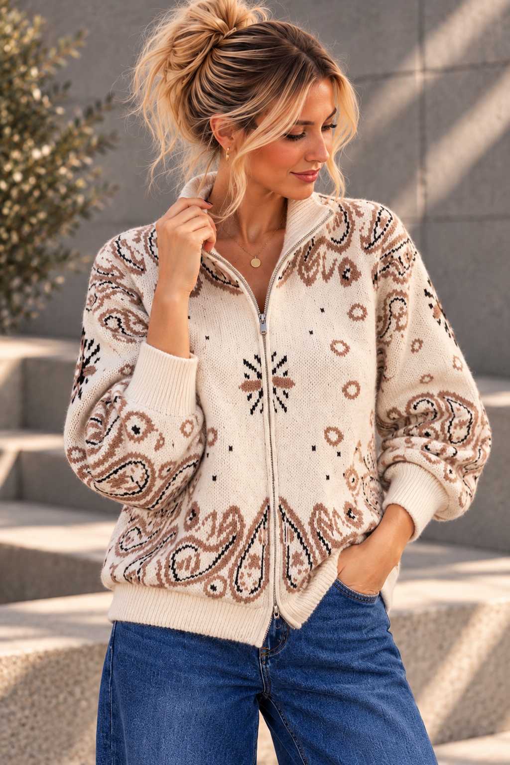 Zipper-Strickjacke mit Paisley-Muster SJ0165 I Made in Italy 34-40/42