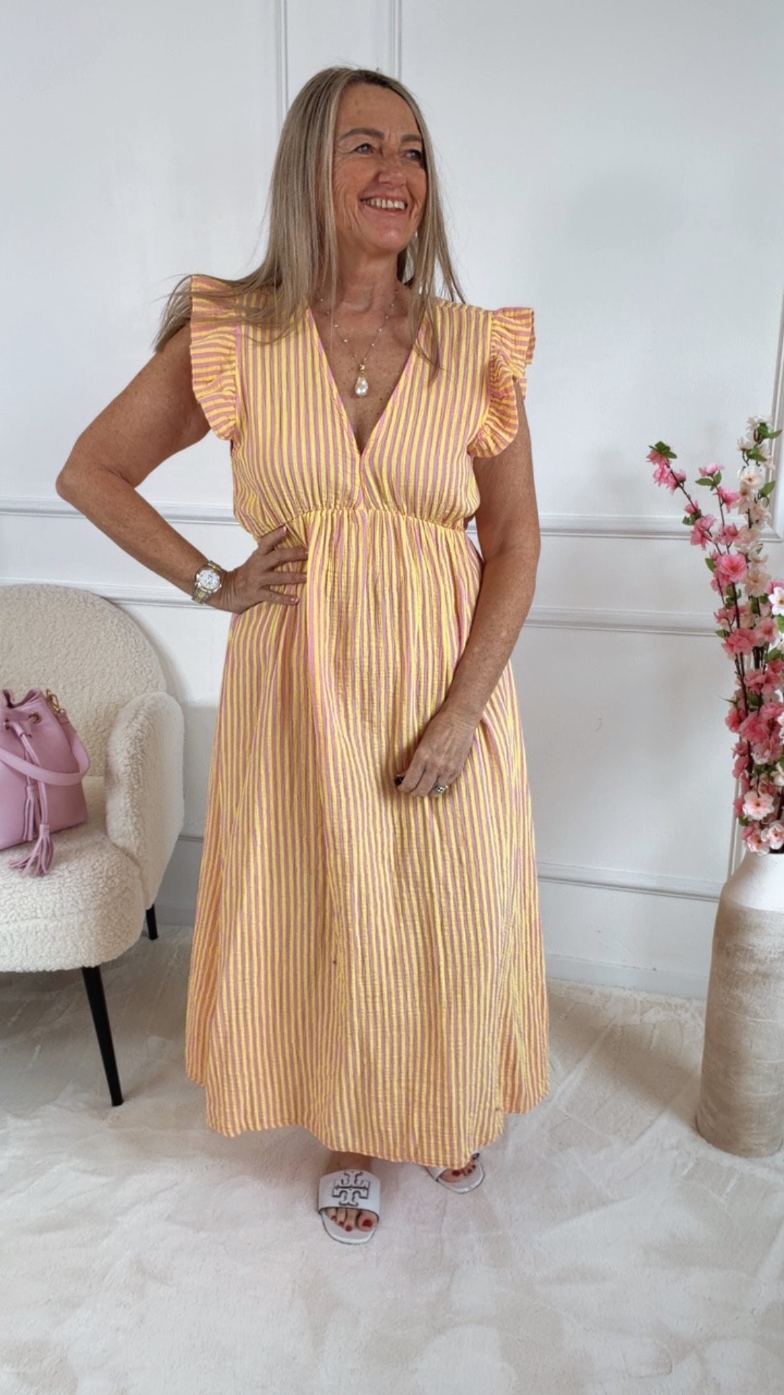 MUSSELIN KLEID ZOE STRIPES 34 - 42 Made in Italy ärmellos Rüsche