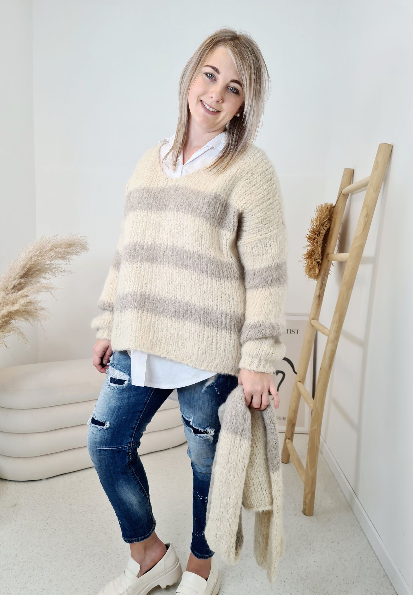 OVERSIZE KNIT SWEATER MARIA STRIPES CREME TAUPE + SCHAL Strickpullover Pullover 34-42 Made in Italy