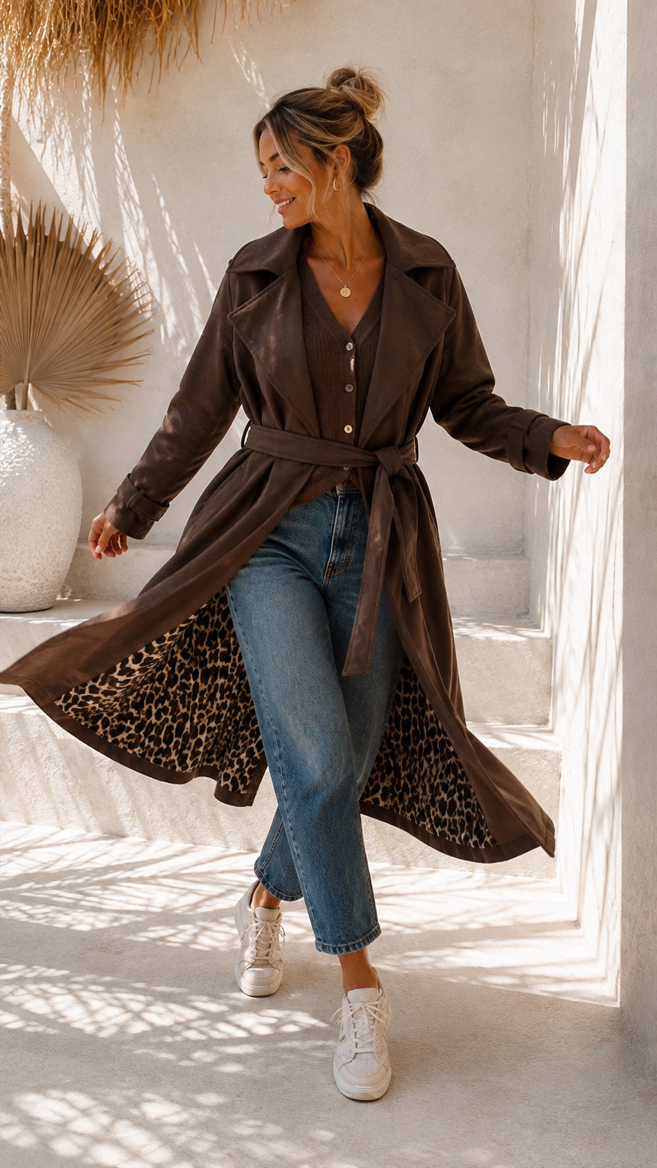 Tansania – Trenchcoat Mantel in Velourleder-Optik mit Leo-Futter | Made in Italy