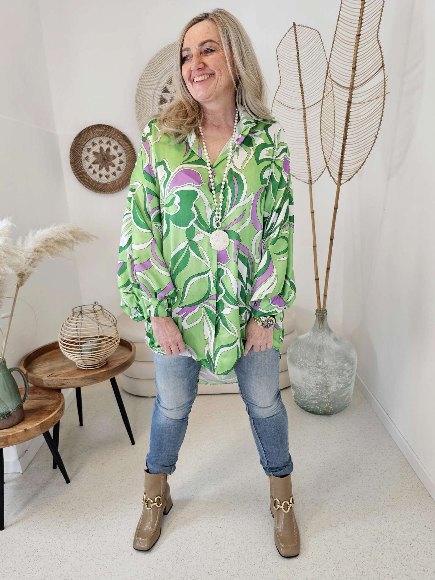 BLUSE CORNELIA GRÜN 34-42 Made in Italy Oversize Shirt Hemd Silk Seiden Optik
