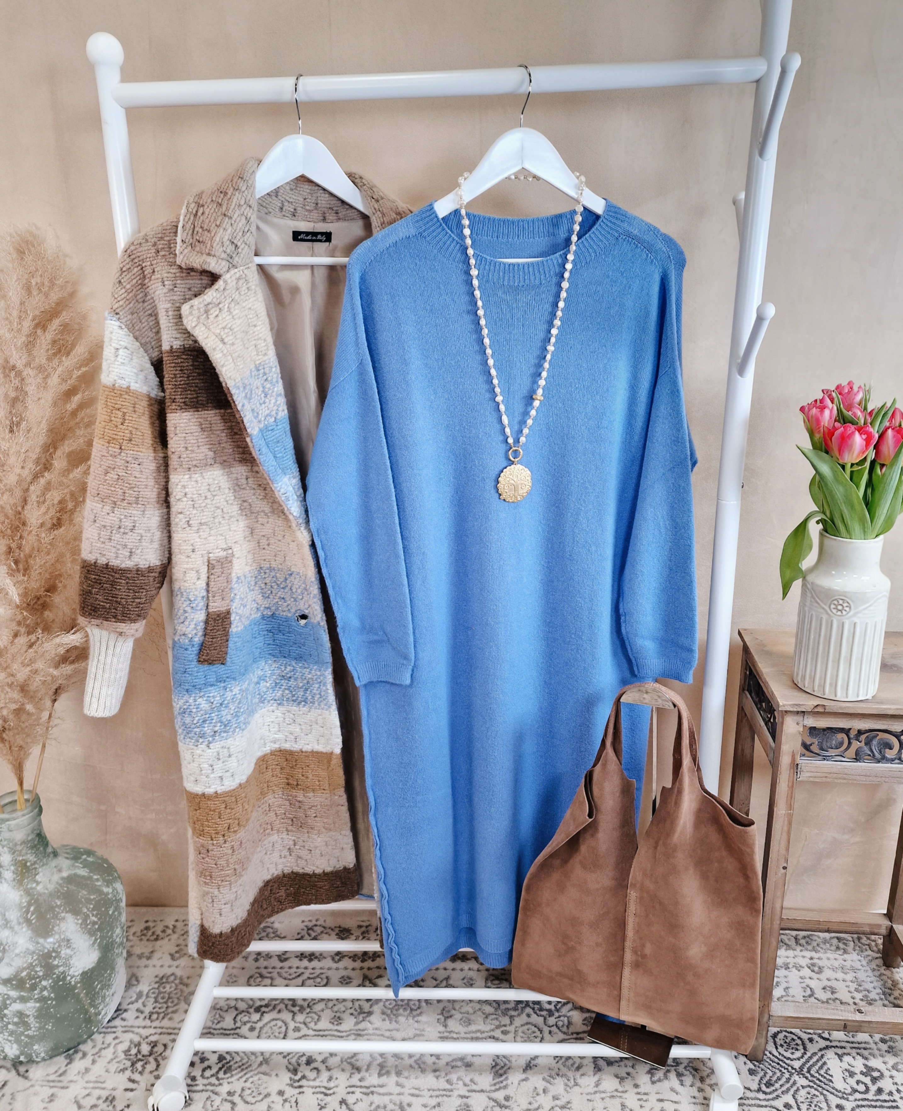 2. WAHL - LONG KNIT DRESS RITA BLAU 34-42 Made in Italy Strick Kleid Long Pullover