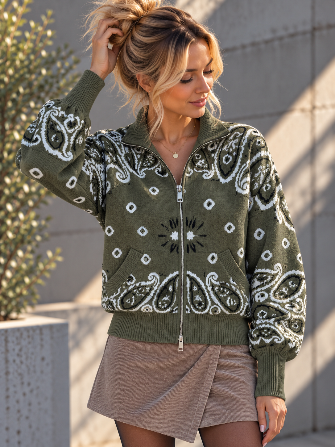 Zipper-Strickjacke mit Paisley-Muster SJ0165 I Made in Italy 34-40/42