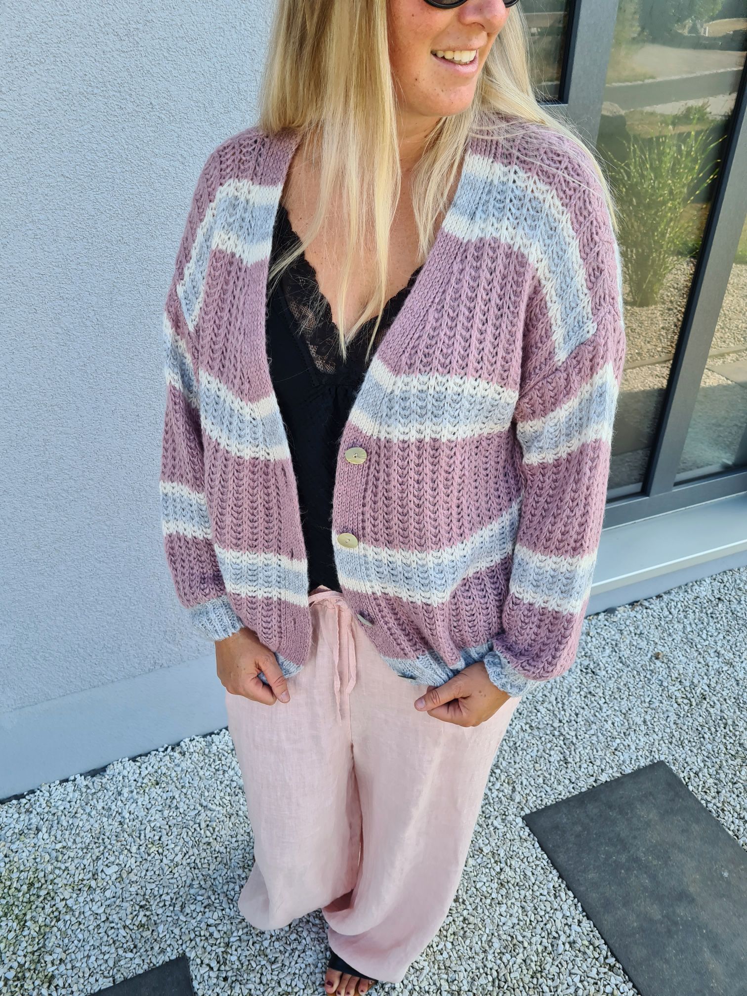 SHORT KNIT CARDIGAN MYKONOS STRIPES BUTTONS ROSA GRAU kurze Strick Jacke Made in Italy Knöpfe Streifen 34-42 SHORT KNIT CARDIGAN MYKONOS STRIPES BUTTONS ROSA GRAU kurze Strick Jacke Made in Italy Knöpfe Streifen 34-42