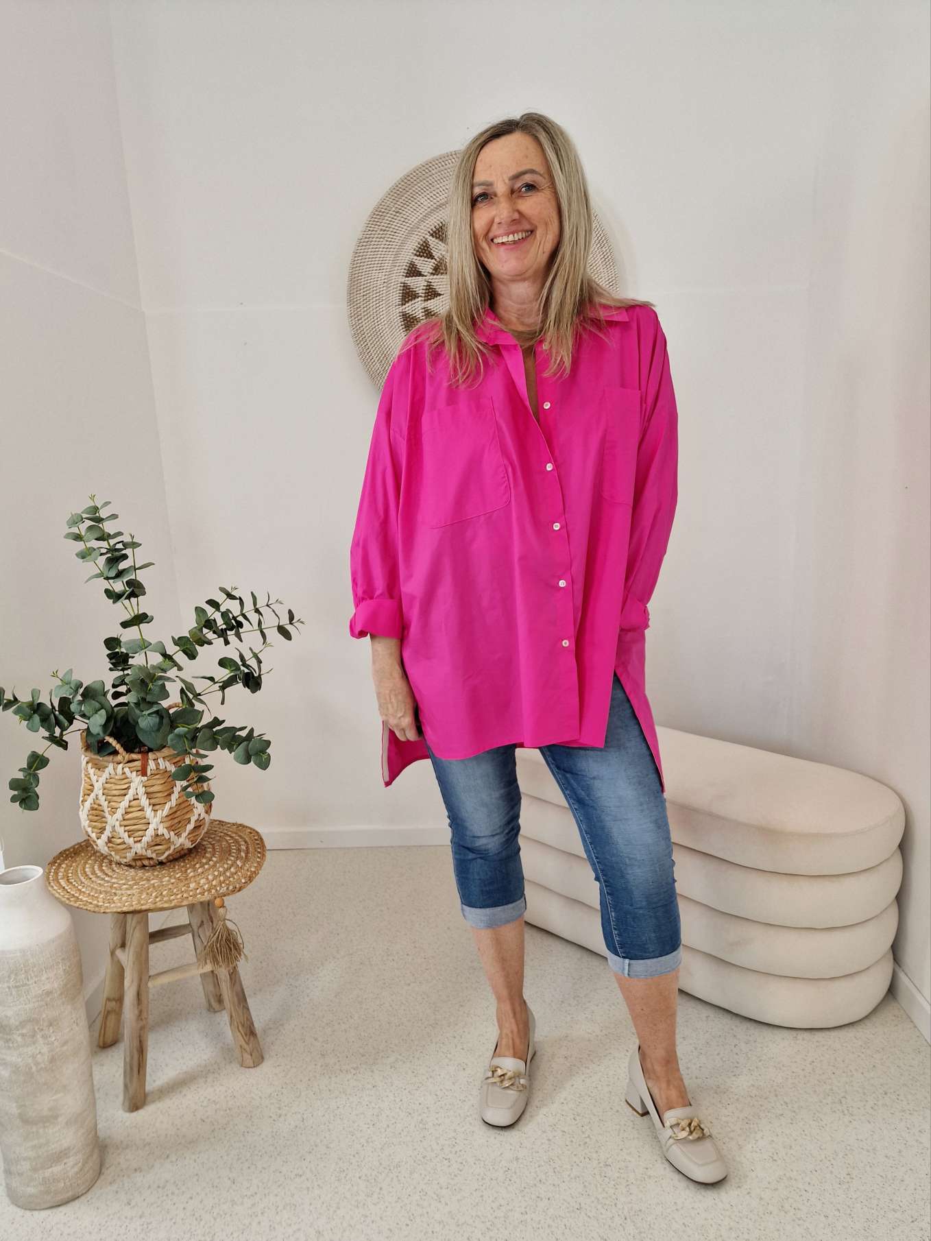 OVERSIZE BLUSE KARINA PINK 34-42/44 Made in Italy Longbluse Kleid Damen Basic