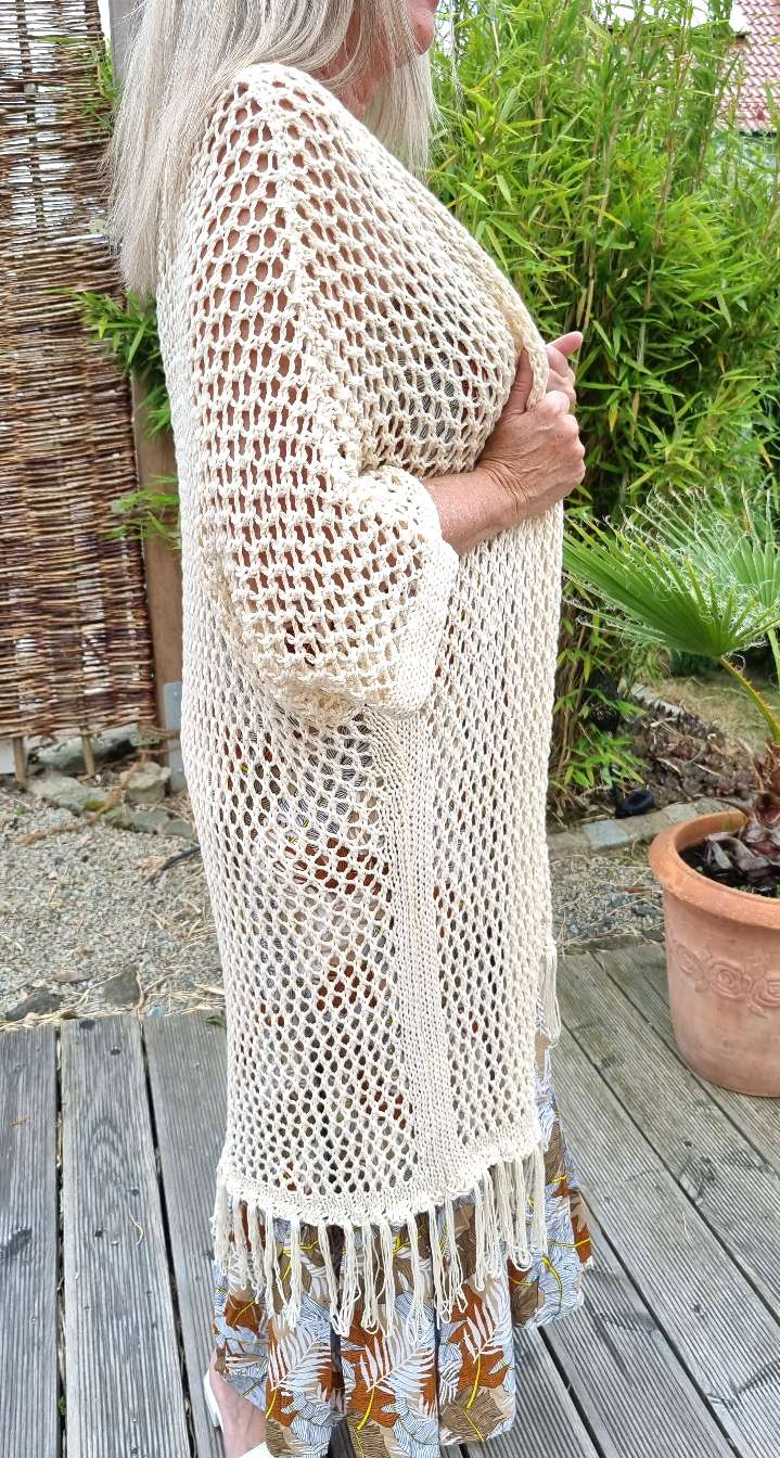 LONG CARDIGAN KOS FRINGES BEIGE Langer Strick Mantel Jacke Made in Italy Lochmuster Häkel 34-42/44 LONG CARDIGAN KOS FRINGES BEIGE Langer Strick Mantel Jacke Made in Italy Lochmuster Häkel 34-42/44