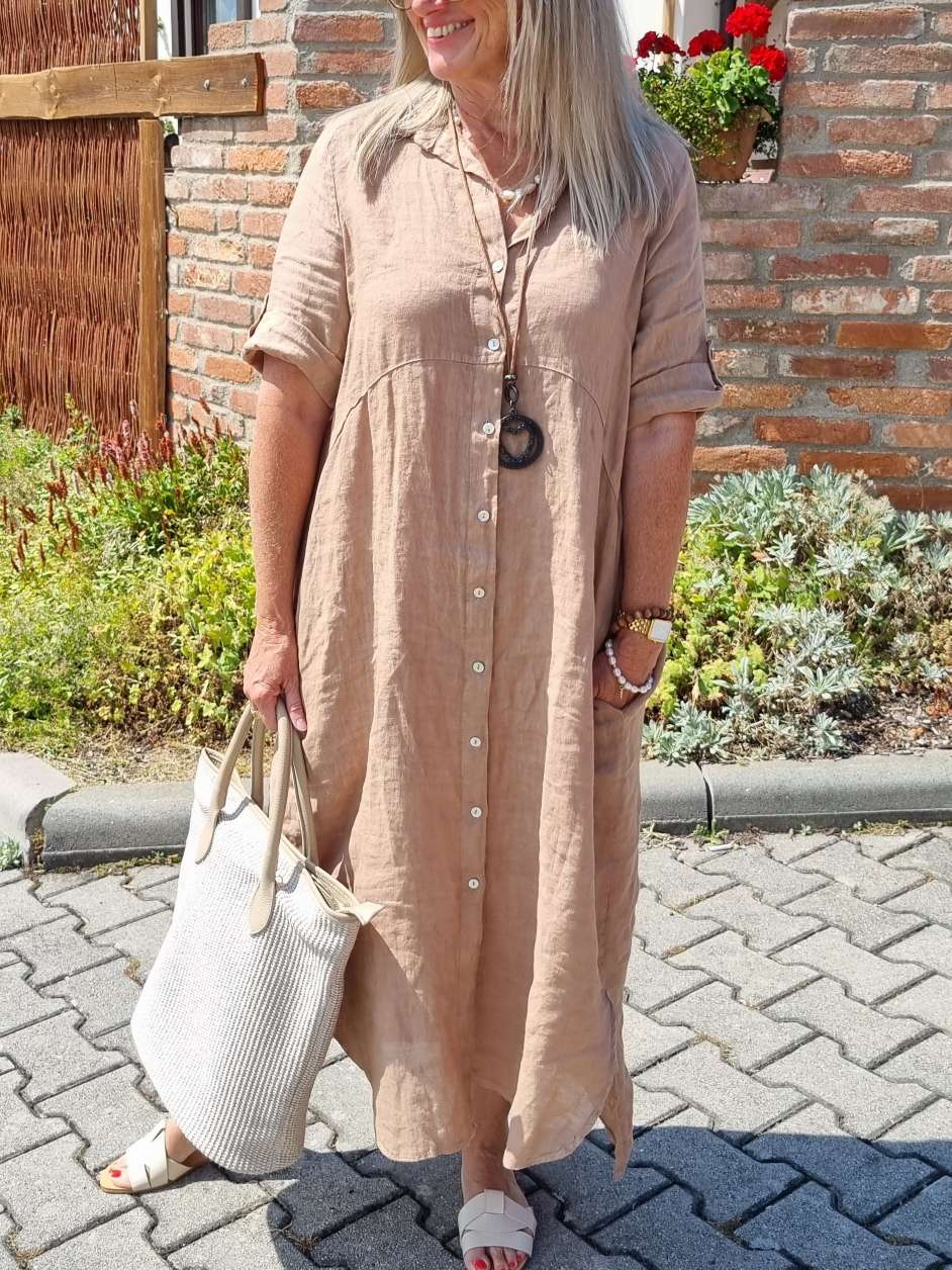 LINEN DESS WILMA CAMEL 34-42 Made in Italy Leinen Kleid Long Bluse Mantel LINEN DESS WILMA CAMEL 34-42 Made in Italy Leinen Kleid Long Bluse Mantel