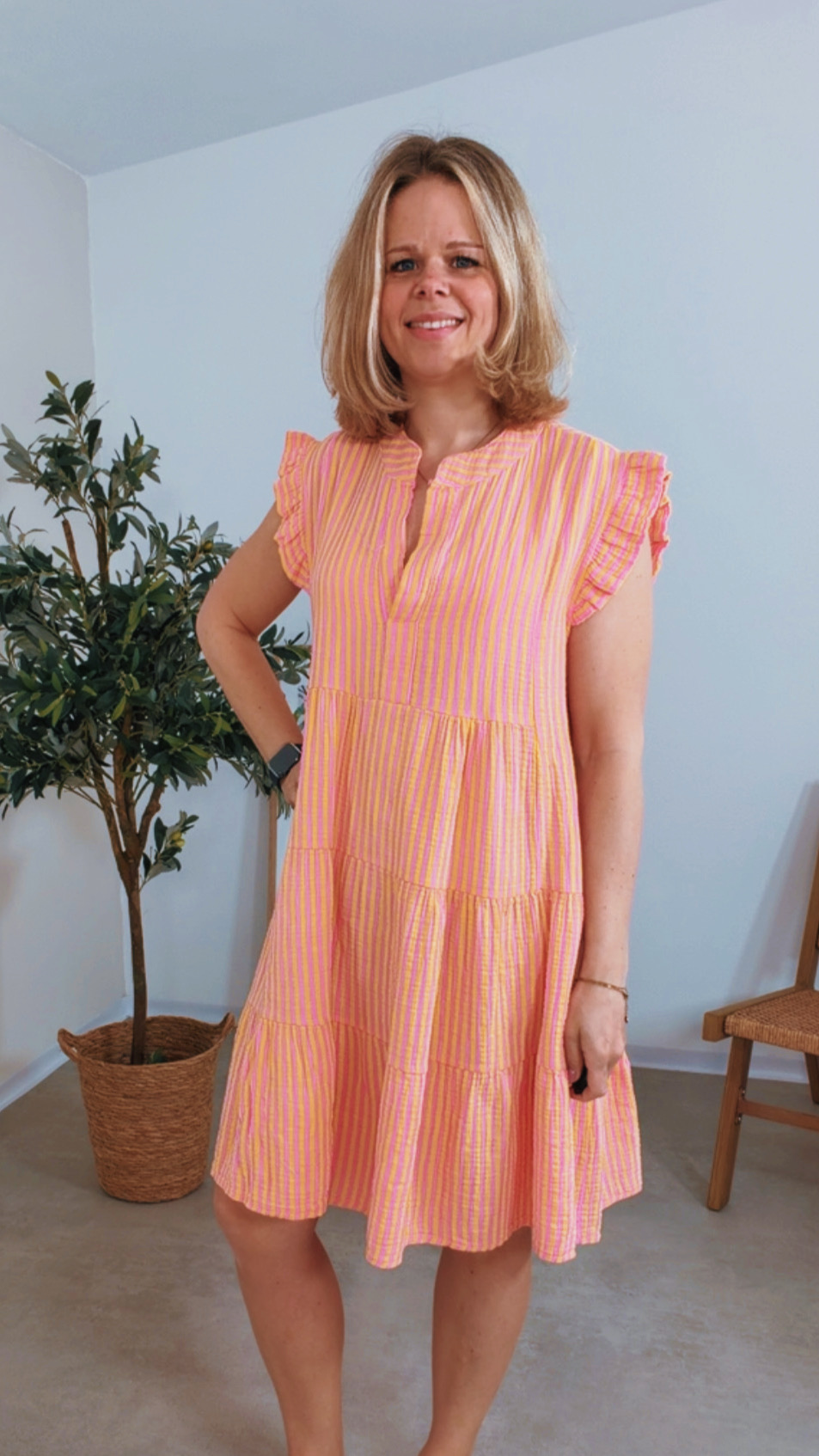 STRIPES MUSSELIN KLEID TAMI ROSA BUTTERLEMON kurz Rüschen 34 - 42