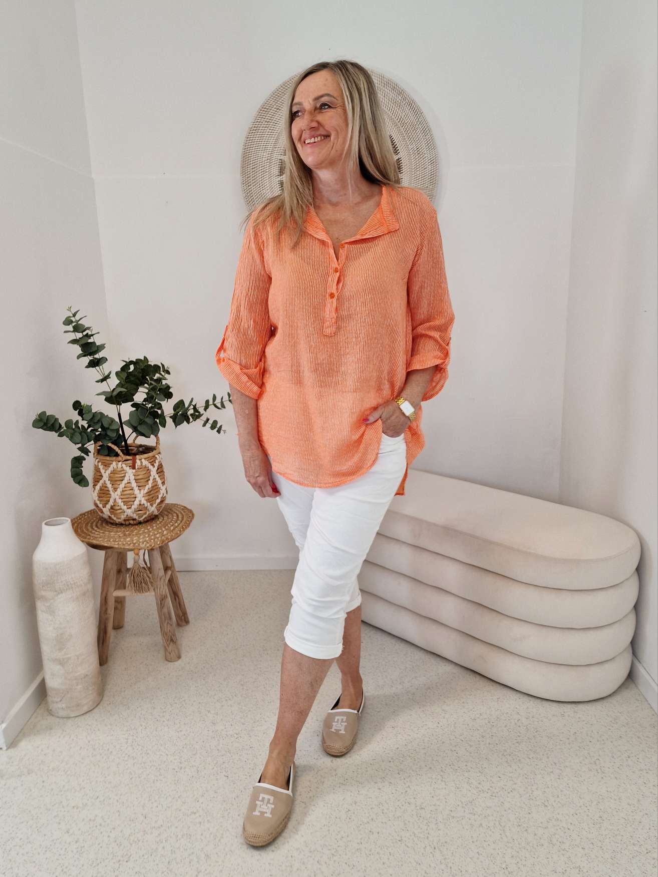 ZARTE STREIFEN BLUSE BELINDE ORANGE 34-42 langarm Bluse Shirt ZARTE STREIFEN BLUSE BELINDE ORANGE 34-42 langarm Bluse Shirt