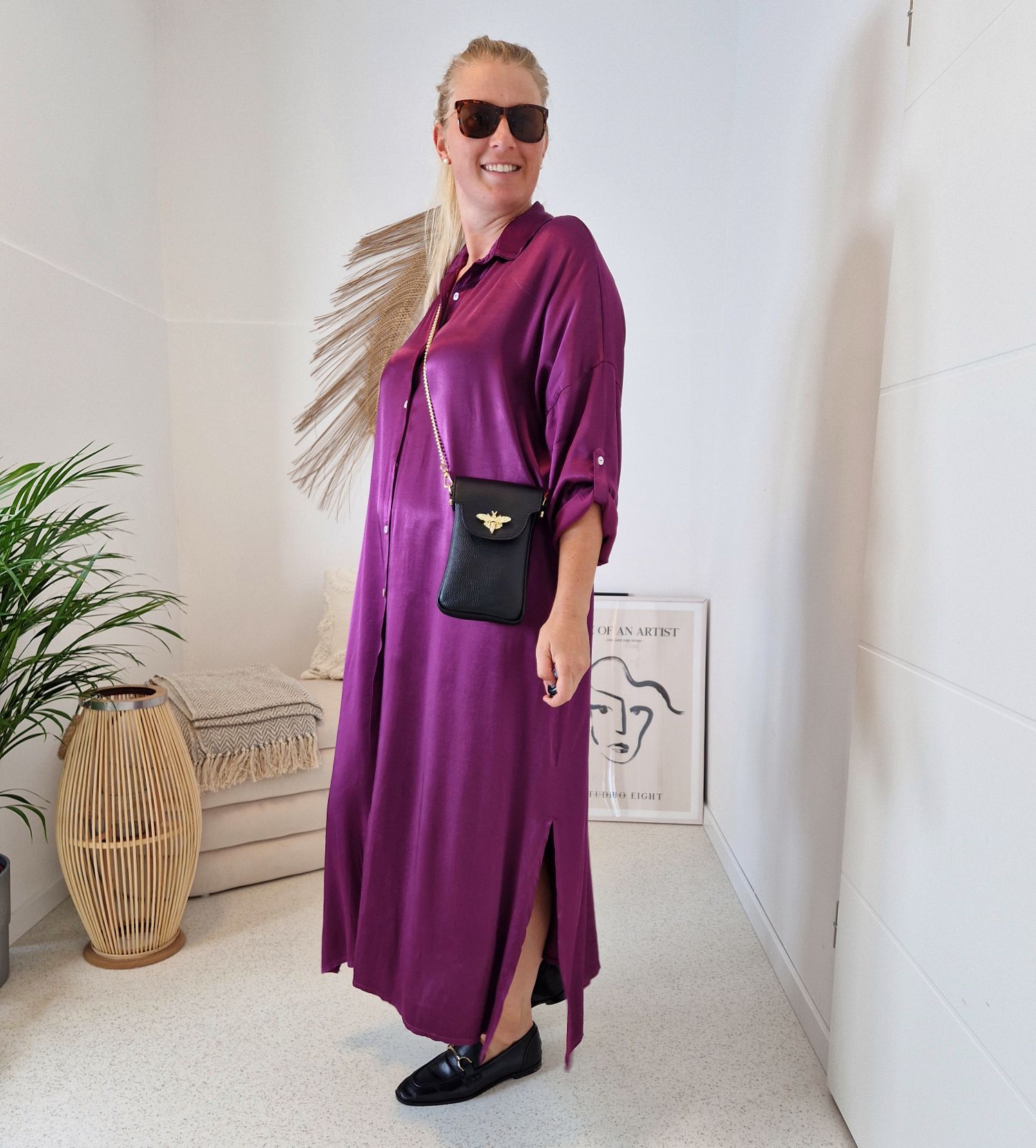 BLUSENKLEID NORA LILA 34-42/44 Made in Italy Oversize Maxi Kleid Mantel DRESS Satin Optik BLUSENKLEID NORA LILA 34-42/44 Made in Italy Oversize Maxi Kleid Mantel DRESS Satin Optik