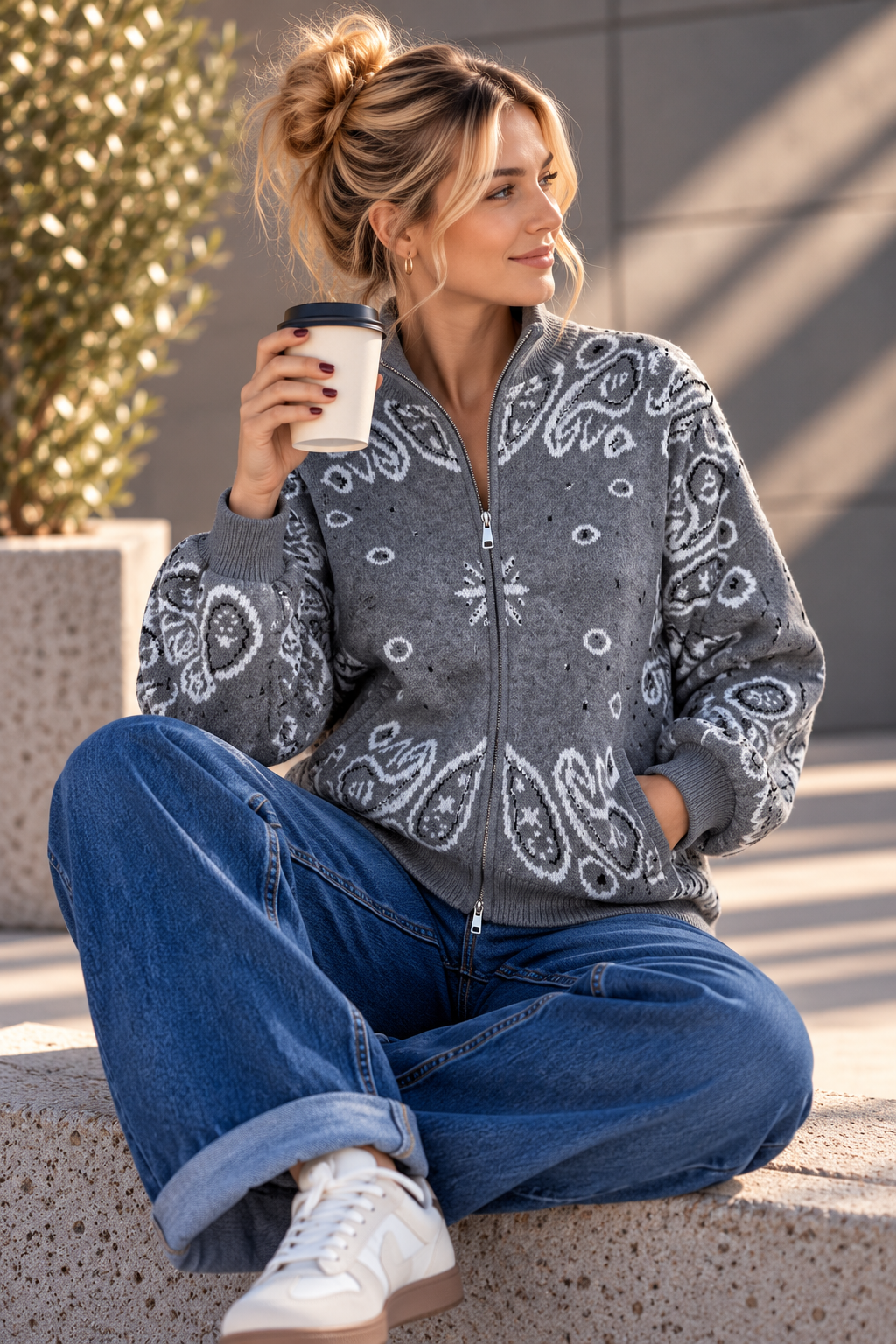Zipper-Strickjacke mit Paisley-Muster SJ0165 I Made in Italy 34-40/42