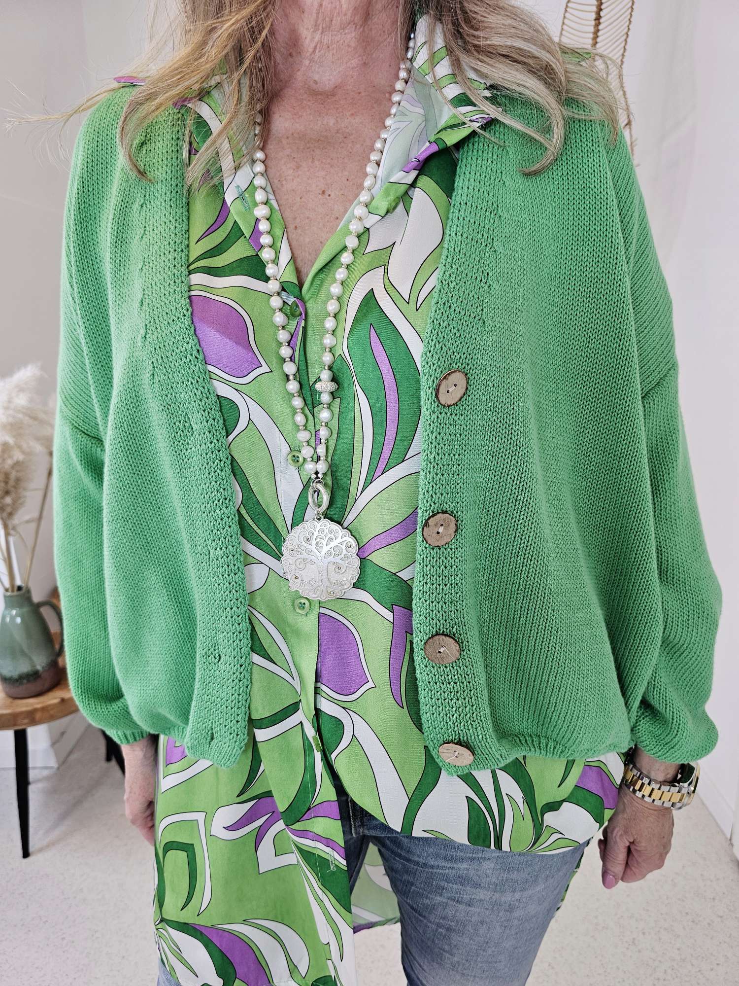 SHORT KNIT CARDIGAN MINKA GRÜN 34-42 Made in Italy kurze Strick Jacke Knöpfe