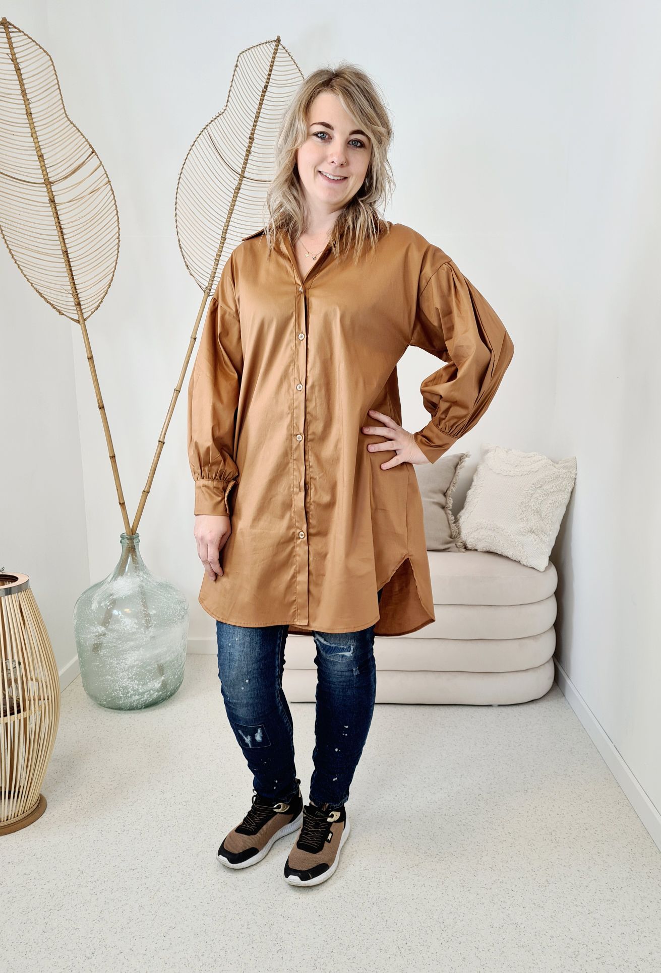 BASIC BLUSE FERNANDA LONG CAMEL 34-42 Made in Italy Oversize Shirt Hemd LANG Blusenkleid BASIC BLUSE FERNANDA LONG CAMEL 34-42 Made in Italy Oversize Shirt Hemd LANG Blusenkleid