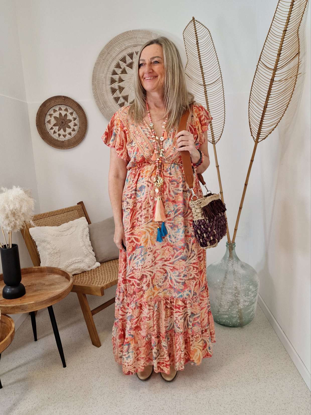 SILK DRESS ESTHER LACHS 34-40/42 Italy Style Boho Boheimian Seide Kleid Maxi Beach Sommer