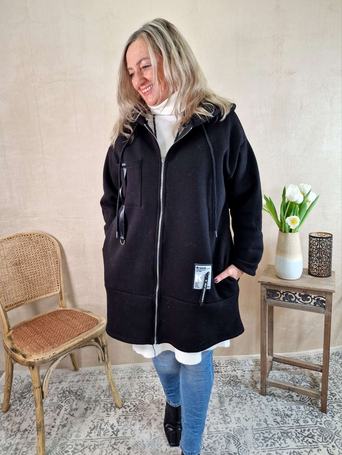 HOODIE SWEATER JACKE CARLO SCHWARZ 34-42 Made in Italy Oversize lange Sweatshirtjacke HOODIE SWEATER JACKE CARLO SCHWARZ 34-42 Made in Italy Oversize lange Sweatshirtjacke