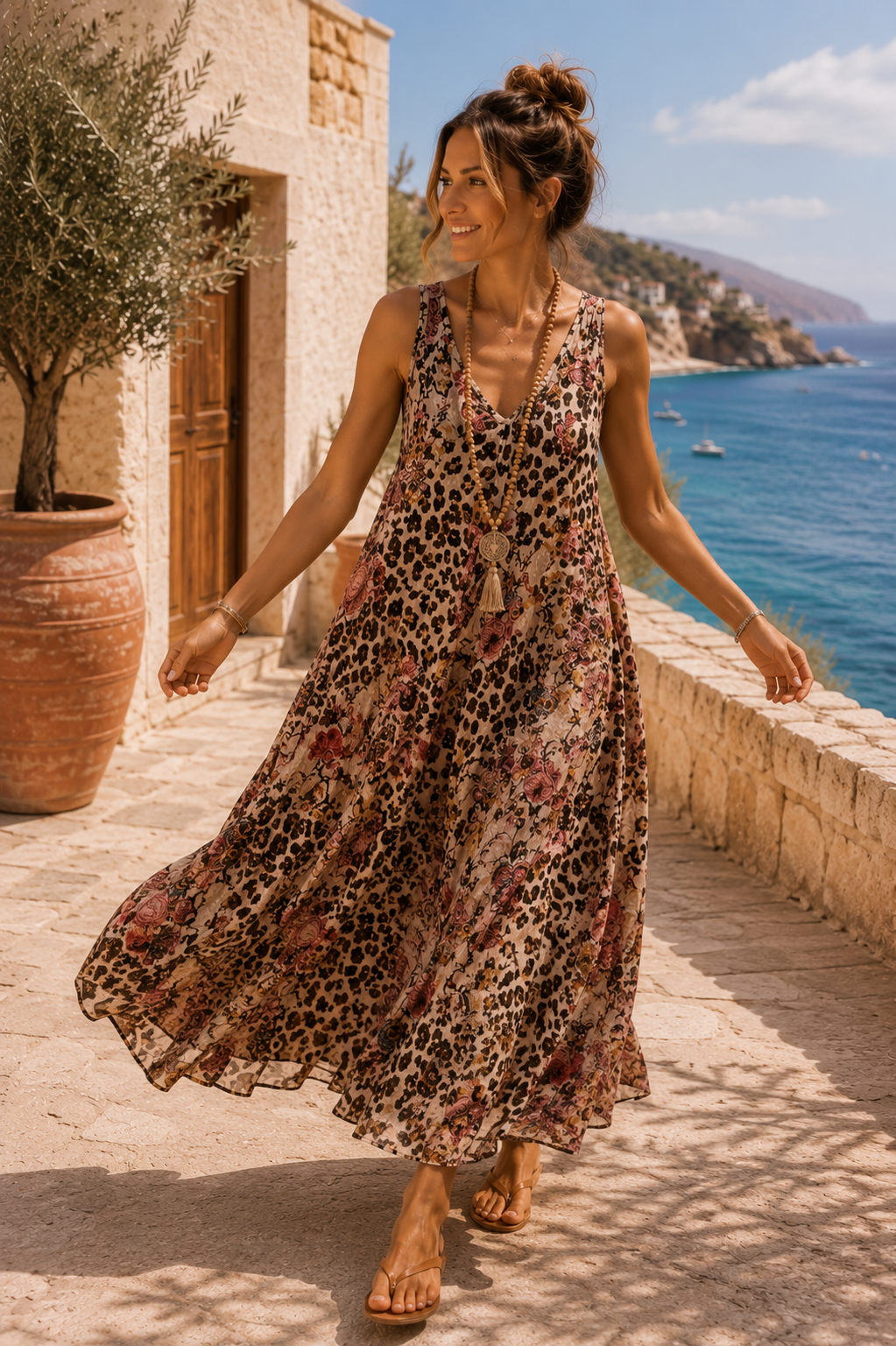 Maxikleid „Zawadi“ – Leo trifft Blütenzauber – Made in Italy  Trendiges Leo-Kleid mit Taschen | Passend bis Größe 42/44