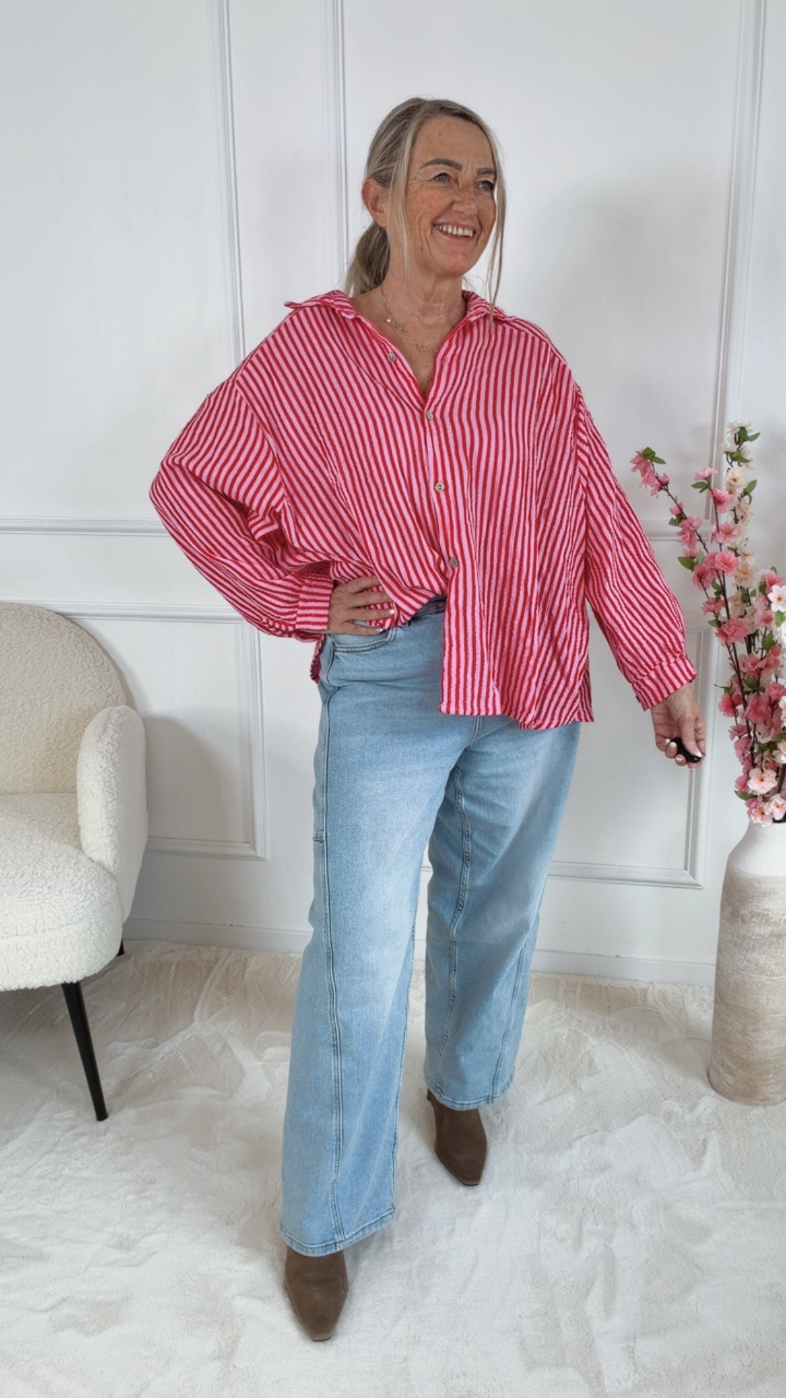 MUSSELIN BLUSE MEGAN STRIPES  KURZ Made in Italy 34-44/46