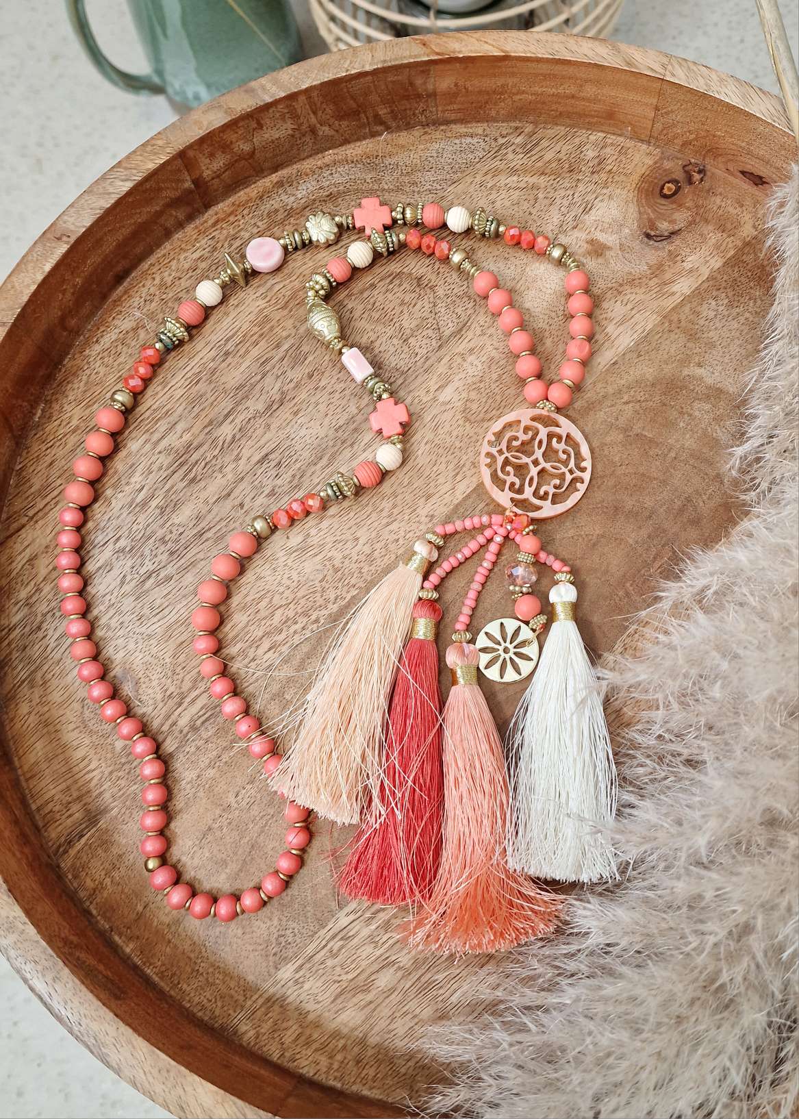 LANGE PERLENKETTE LILITH KORALLE Italy Design Goldfarbig Necklace Halskette Boho Bohemian