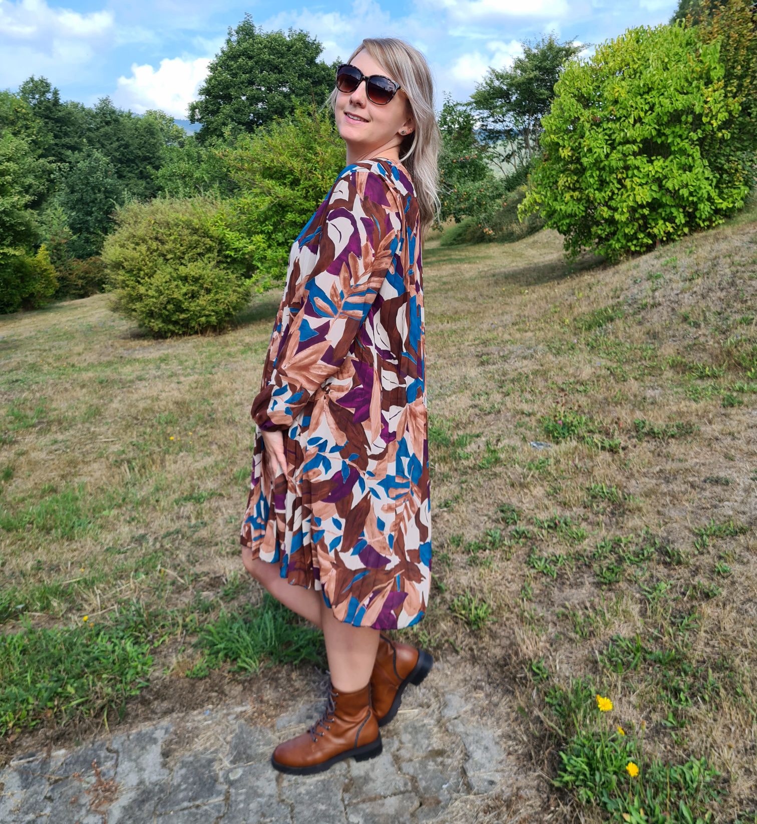 PLISSEE DRESS GINA LEAVES PETROL 36-42 Made in Italy Plissee Herbst Kleid PLISSEE DRESS GINA LEAVES PETROL 36-42 Made in Italy Plissee Herbst Kleid