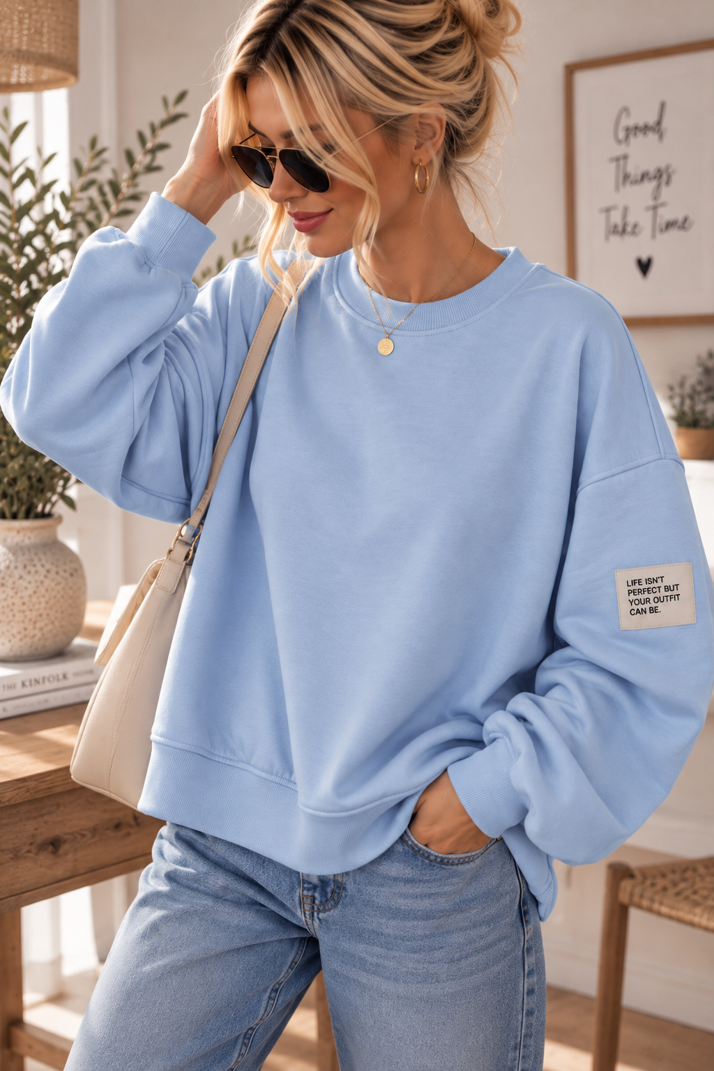 Butterstoff-Sweatshirt uni mit Statement-Patch – SW0094 Made in Italy Gr 34-42