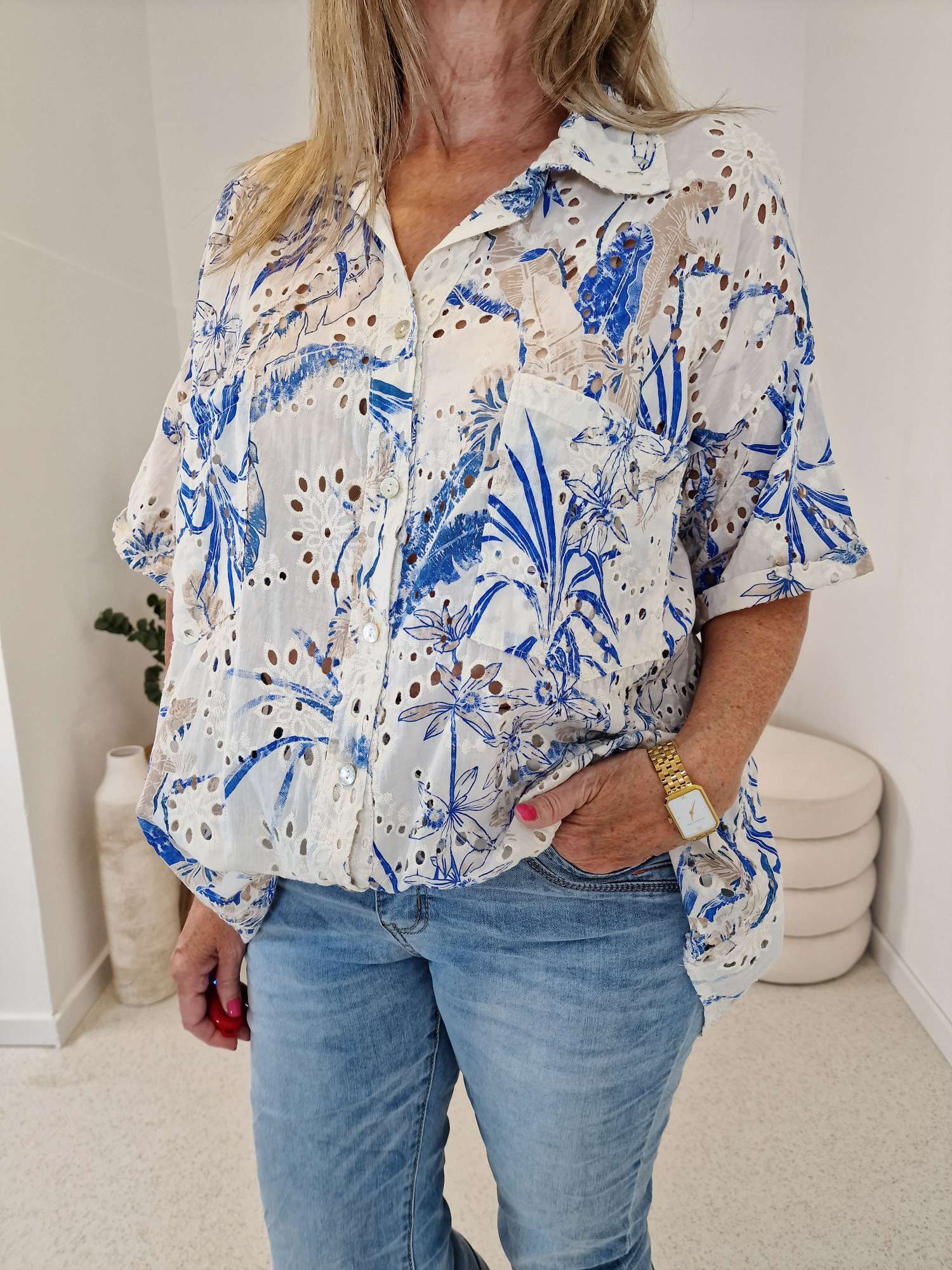 LOCHSTICKEREI BLUSE ROMANCE ROYAL BLAU Oversize 34-42/44 Hemd Hemdbluse Baumwolle LOCHSTICKEREI BLUSE ROMANCE ROYAL BLAU Oversize 34-42/44 Hemd Hemdbluse Baumwolle