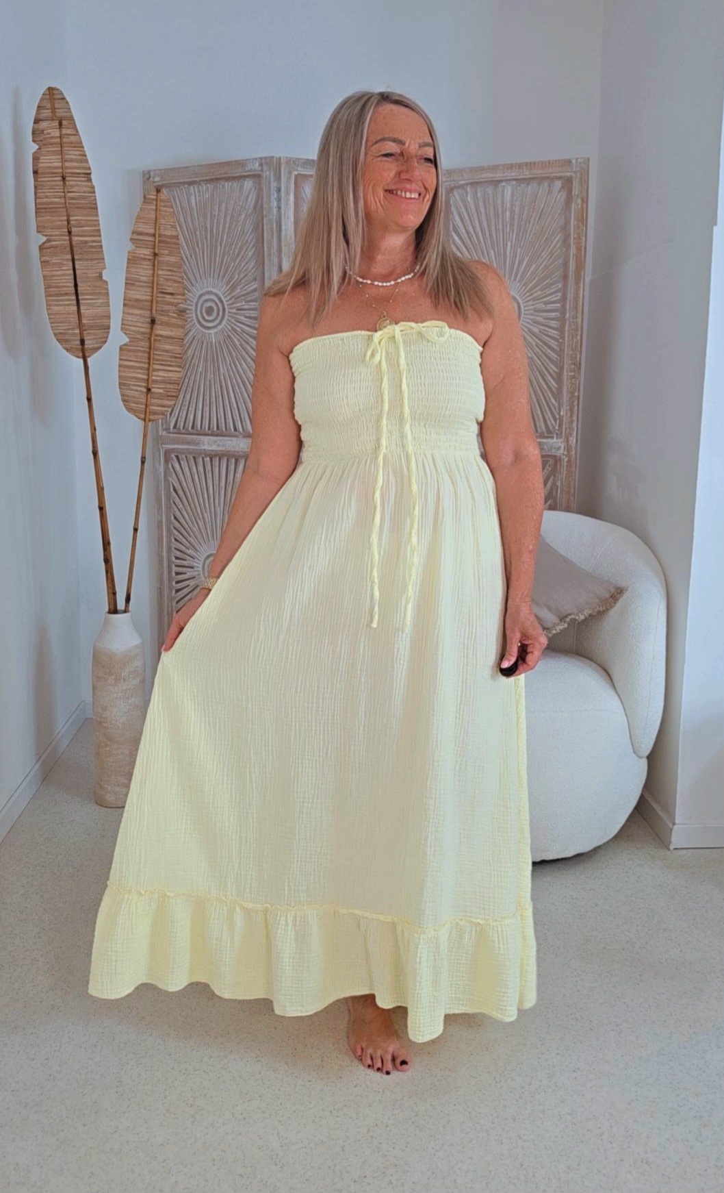 MUSSELIN KLEID LANZAROTE TRÄGERLOS Italystyle 34-40