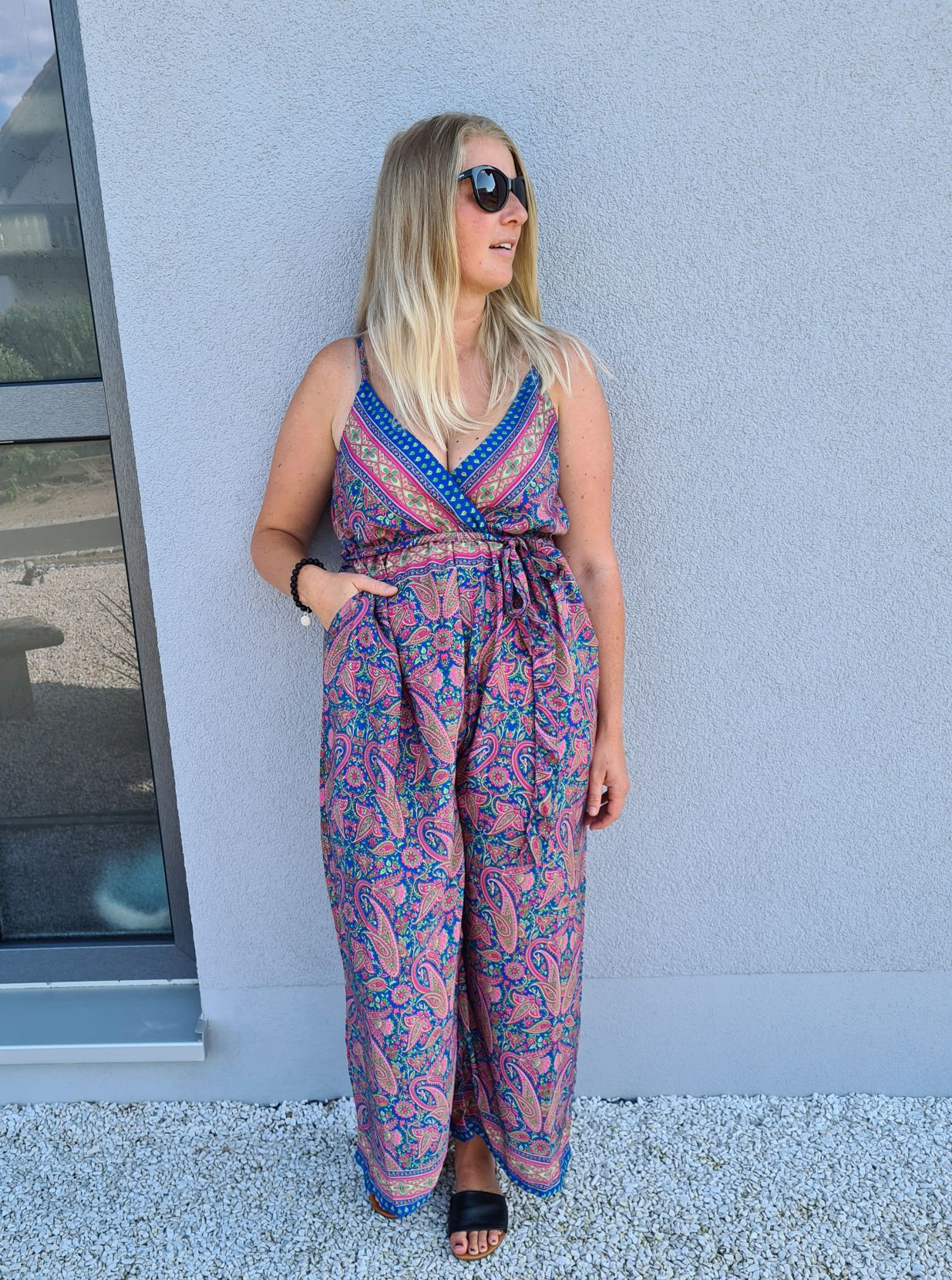 SILK JUMPSUIT MALEDIVE LEAVES BLAU PINK 1297 34-42 Boho Bohemian Overall Kunstseide SILK JUMPSUIT MALEDIVE LEAVES BLAU PINK 1297 34-42 Boho Bohemian Overall Kunstseide