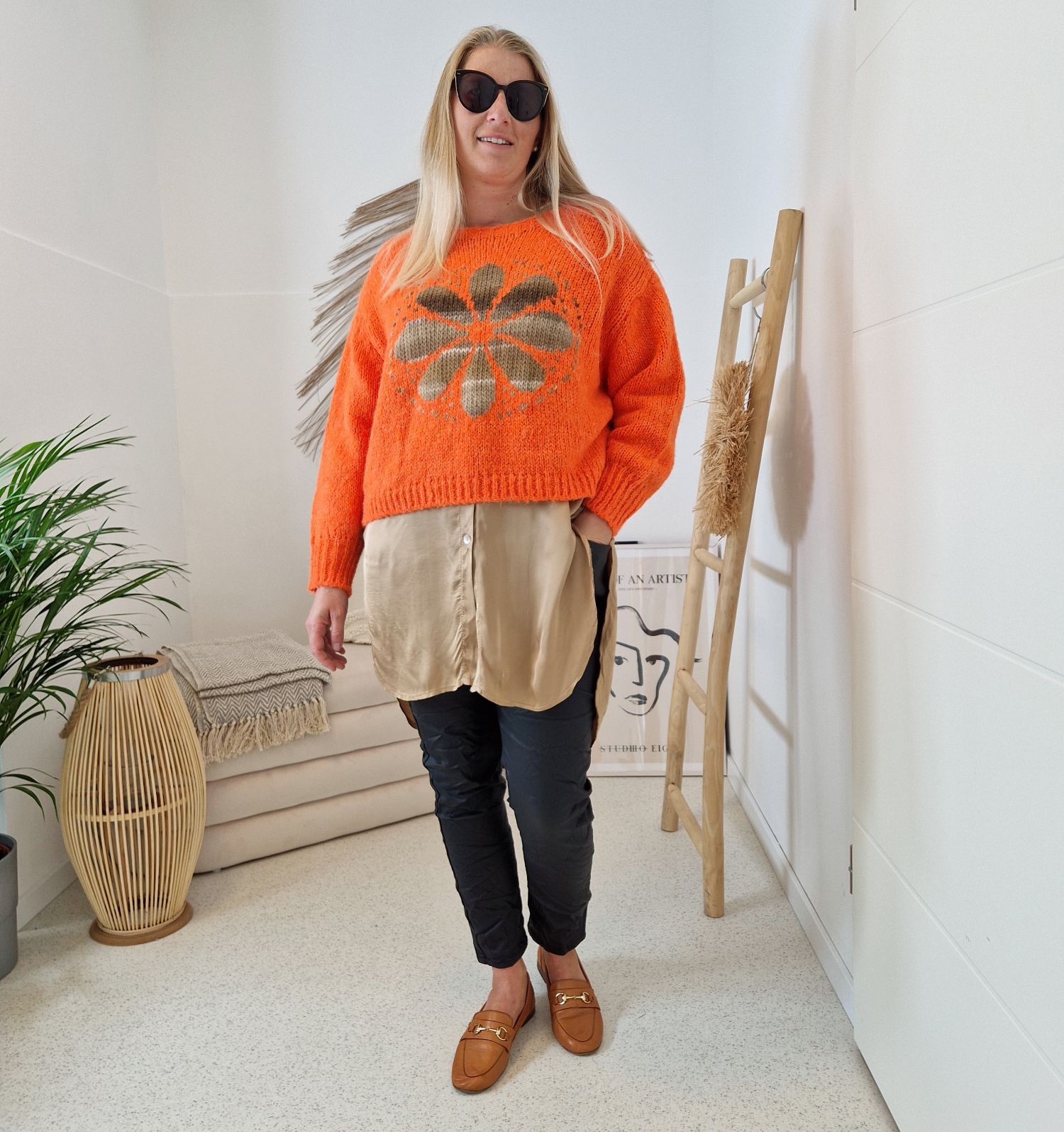 KNIT SWEATER GRETA FLOWER ORANGE Strickpullover Pullover 34-42 Made in Italy versch. Farben KNIT SWEATER GRETA FLOWER ORANGE Strickpullover Pullover 34-42 Made in Italy versch. Farben