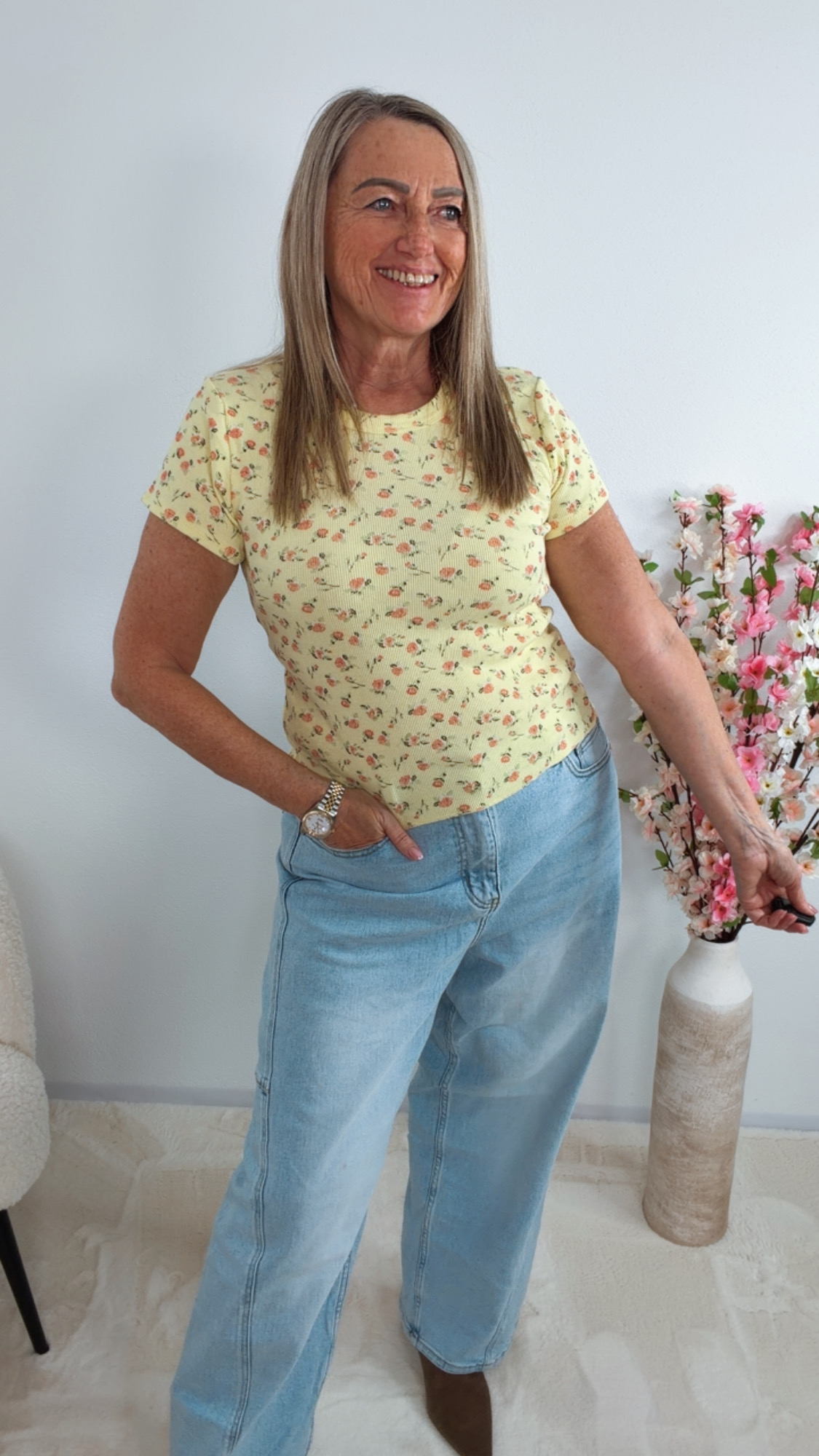 🌸 Feinripp-T-Shirt „Blooming Love“ Made in Italy kurze Form Blümchen 34-42