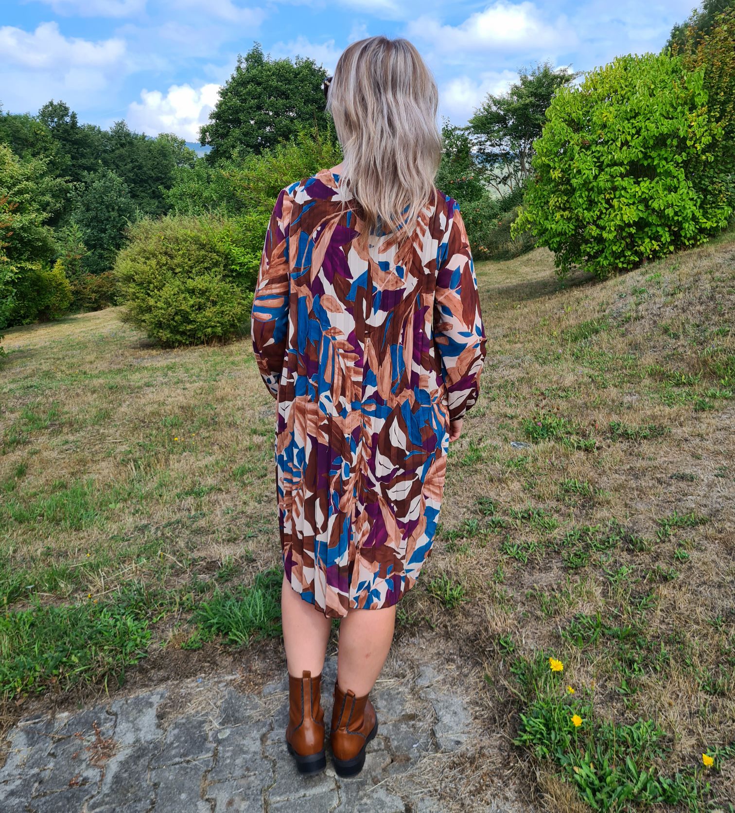 PLISSEE DRESS GINA LEAVES PETROL 36-42 Made in Italy Plissee Herbst Kleid PLISSEE DRESS GINA LEAVES PETROL 36-42 Made in Italy Plissee Herbst Kleid