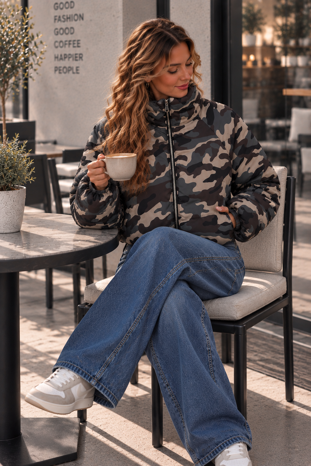 Jacke Puffy Monika CAMOUFLAGE – lässiger Allrounder für die Übergangszeit Made in Italy 34-42