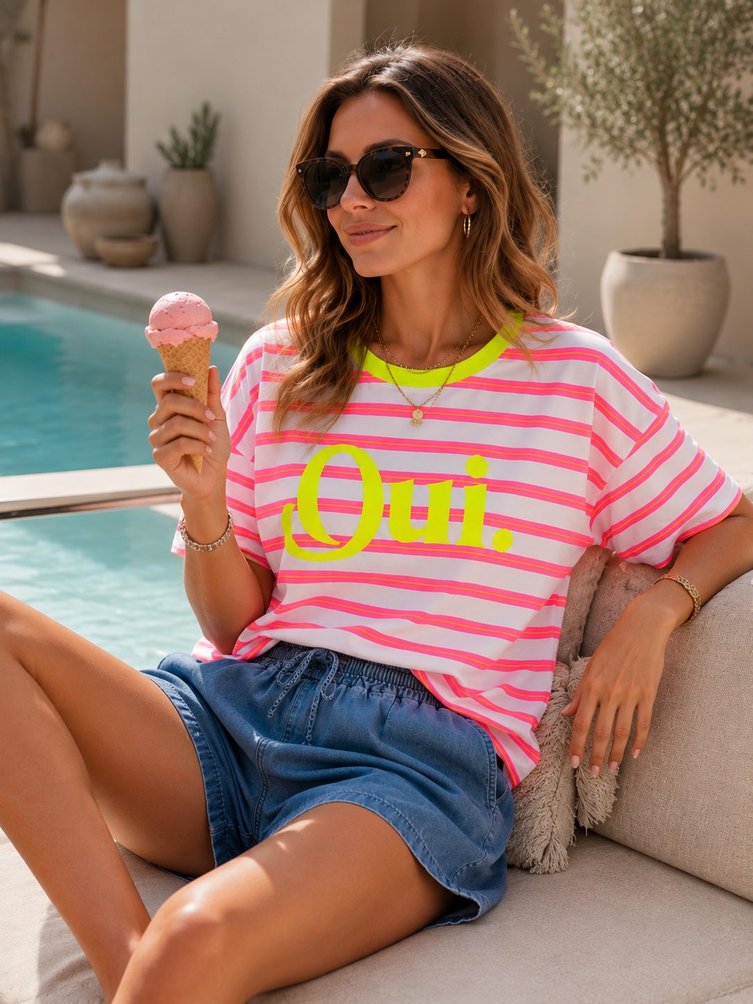 T-Shirt Coco Stripes Neonpink Neonorange Oui. Made in Italy 34-40/42