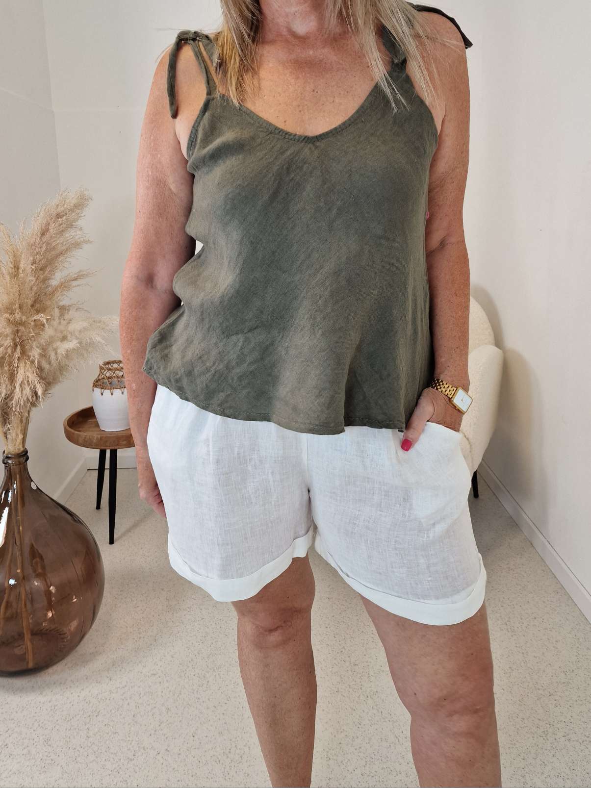 LEINEN  BASIC TOP BORIS  KHAKI  36 - 40 Made in Italy  