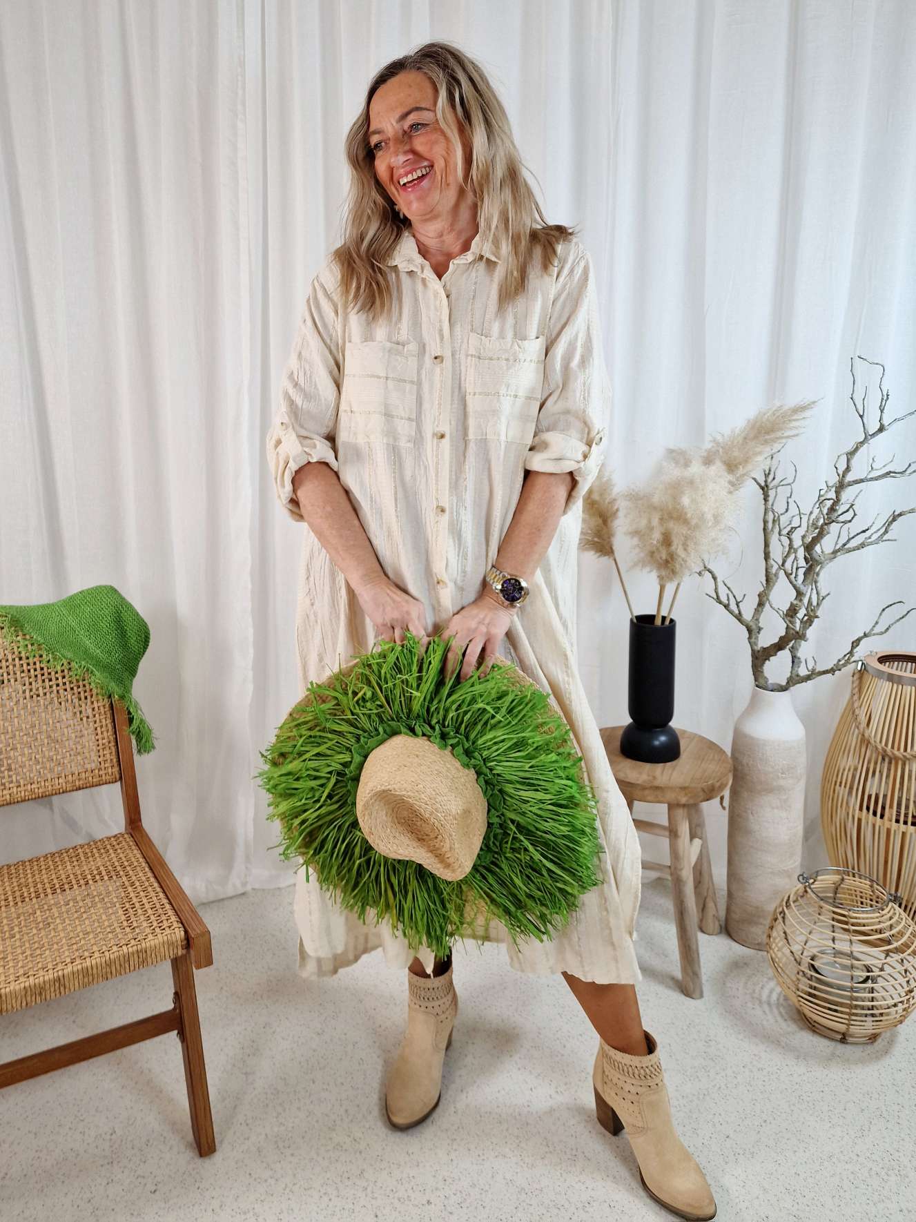 BOHO STROHHUT BENNO GRÜN Italy Design geflochtener Sonnenhut Sommerhut Mütze