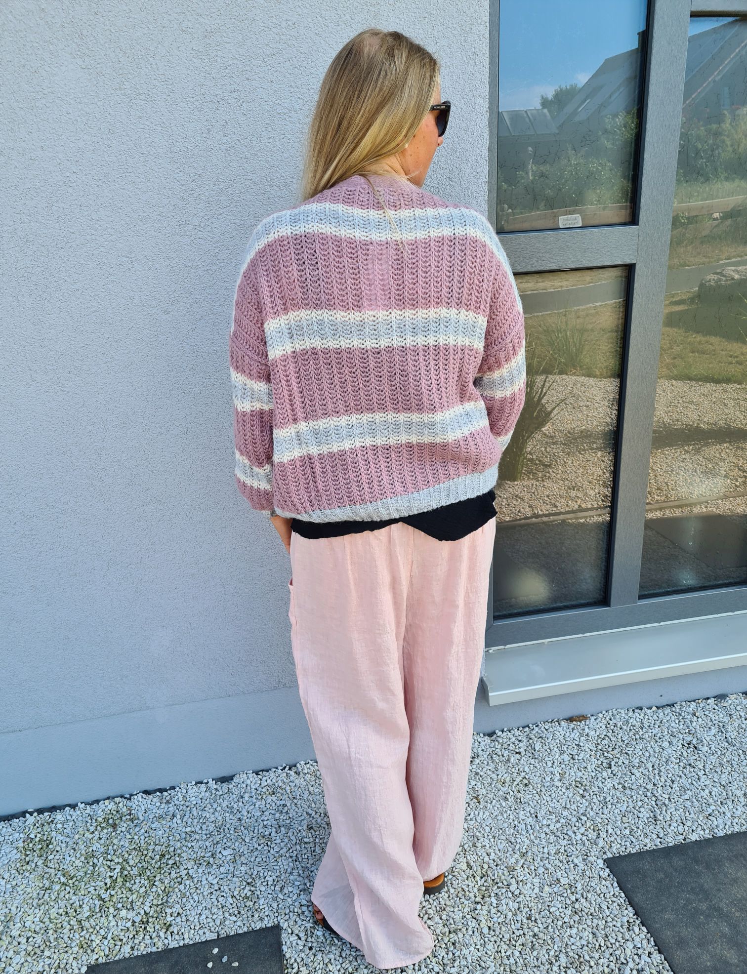 SHORT KNIT CARDIGAN MYKONOS STRIPES BUTTONS ROSA GRAU kurze Strick Jacke Made in Italy Knöpfe Streifen 34-42 SHORT KNIT CARDIGAN MYKONOS STRIPES BUTTONS ROSA GRAU kurze Strick Jacke Made in Italy Knöpfe Streifen 34-42