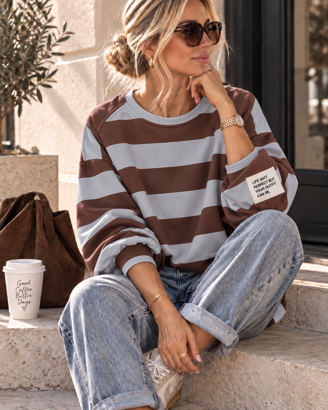 Sweater Butterstoff mit Blockstreifen & Patch I SW0070 I Made in Italy 34-42/44 Sweatshirt