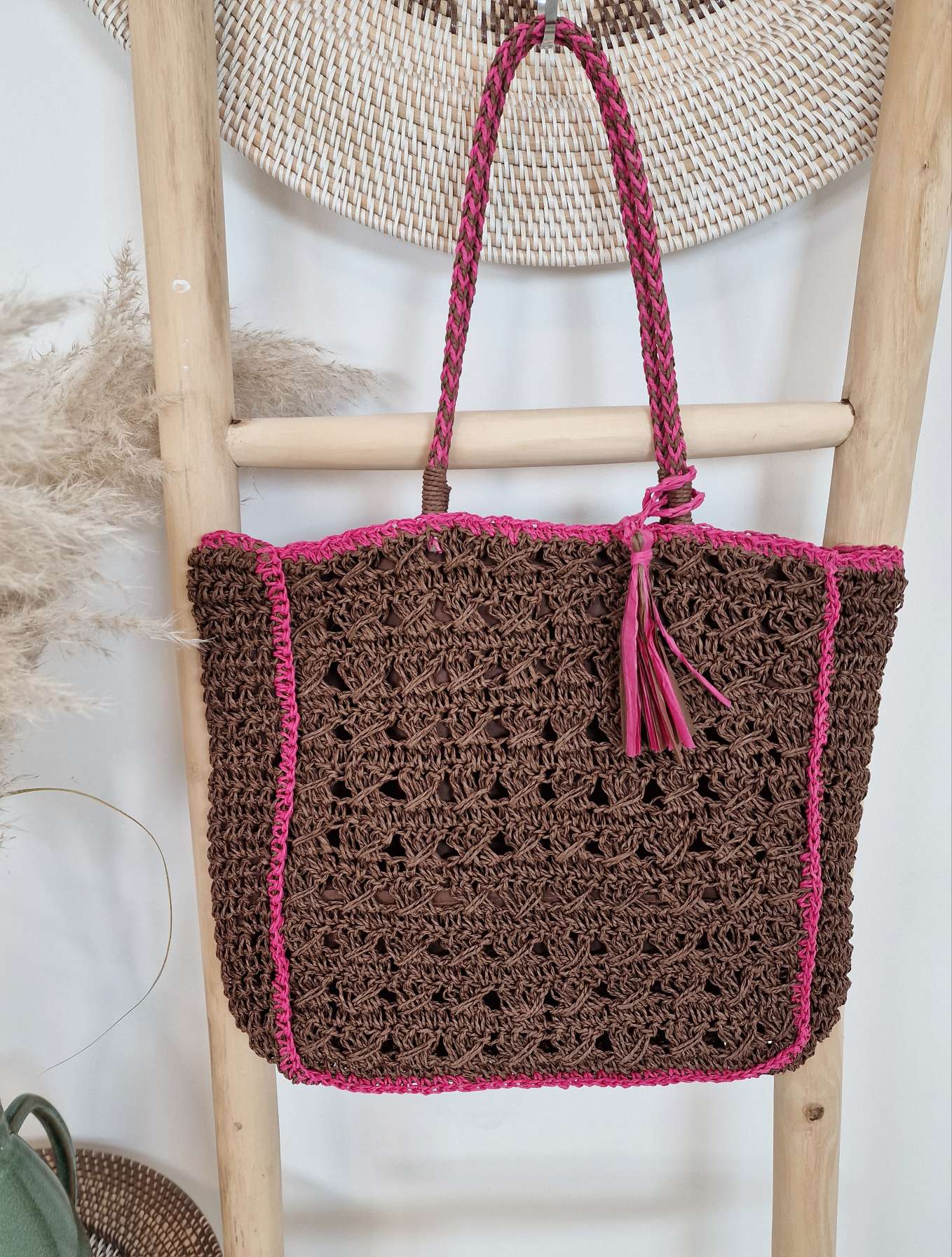 BEACH BAG KENIA BRAUN PINK Italy Design Boho Bohemian Tasche Beach Bag Basttasche Strand
