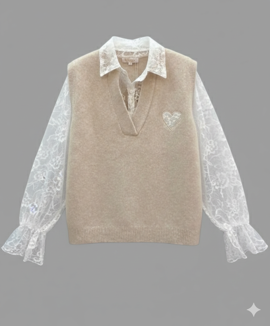 Eleganter Feinstrick-Pullunder / Pullover Valentina  mit Spitzenbluse in Taupe 34-4042