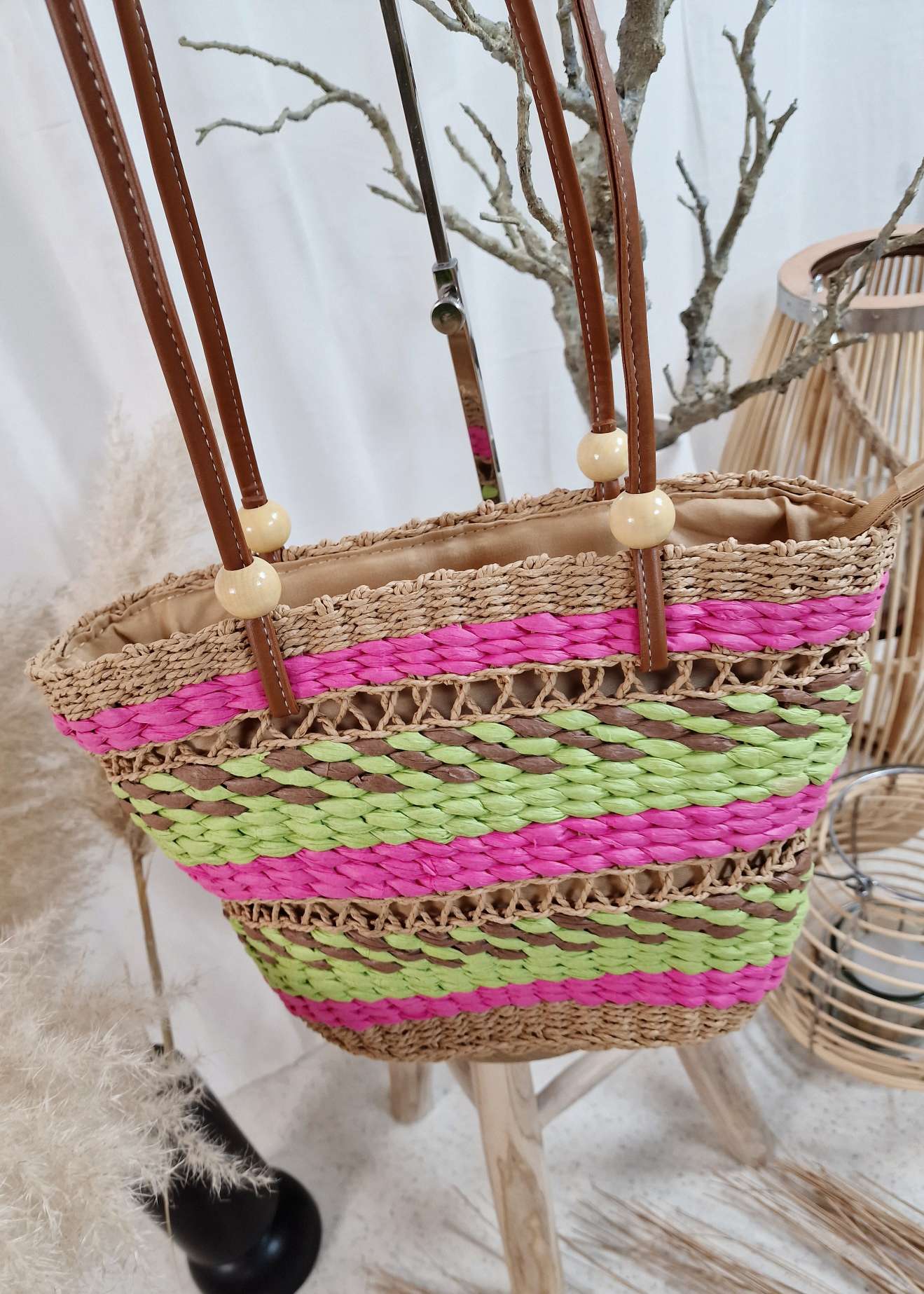 BEACH BAG MARICIA PINK GRÜN Italy Design Bohemian Tasche Beach Bag Basttasche Strand