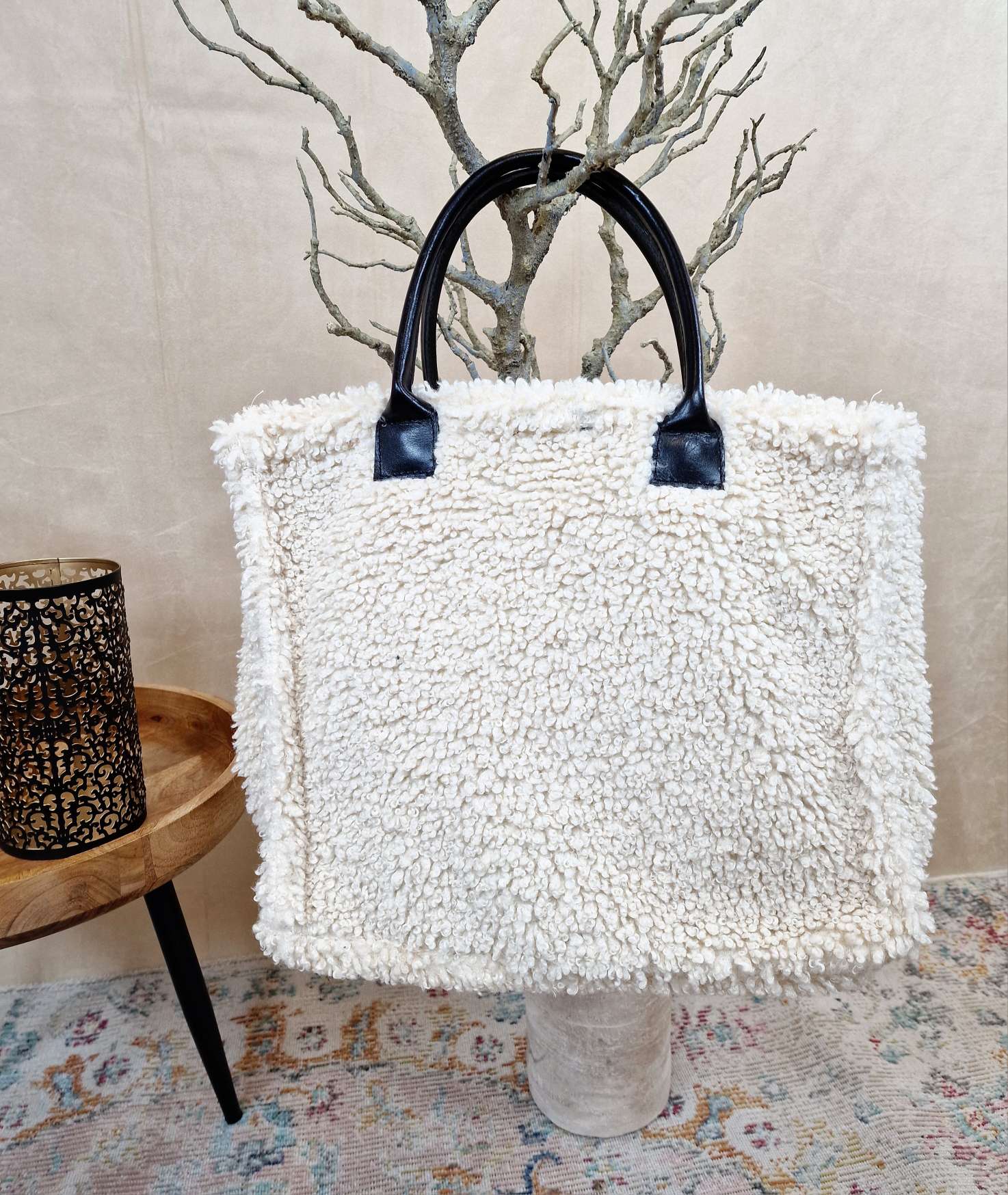 TEDDY FELL SHOPPER ELENI CREME flauschige Shopping Bag mit Leder-Henkel Tasche Made in Italy TEDDY FELL SHOPPER ELENI CREME flauschige Shopping Bag mit Leder-Henkel Tasche Made in Italy