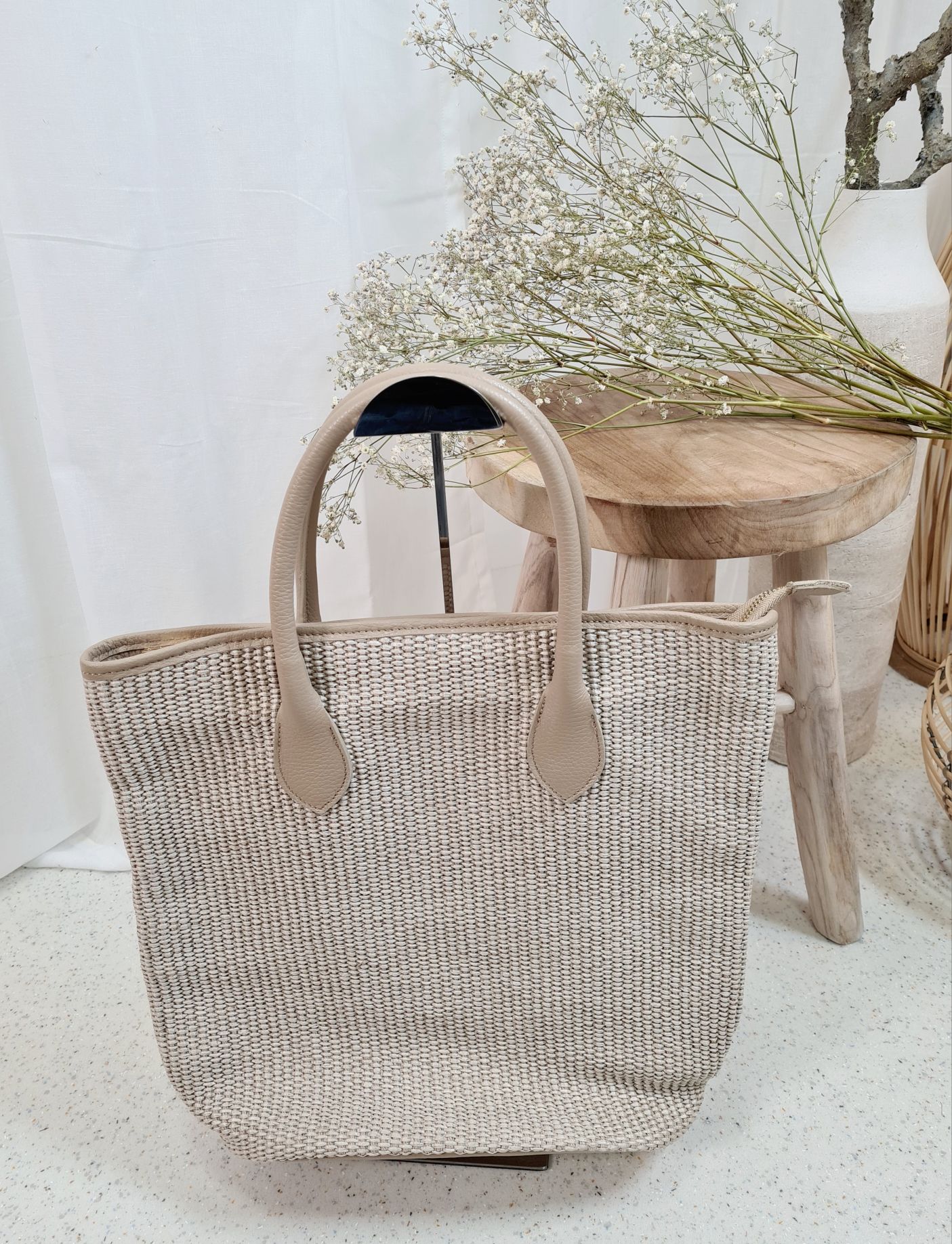 BAST SHOPPER ELVIRA BEIGE Made in Italy Stroh Tasche Häkel Look Tasche BAG