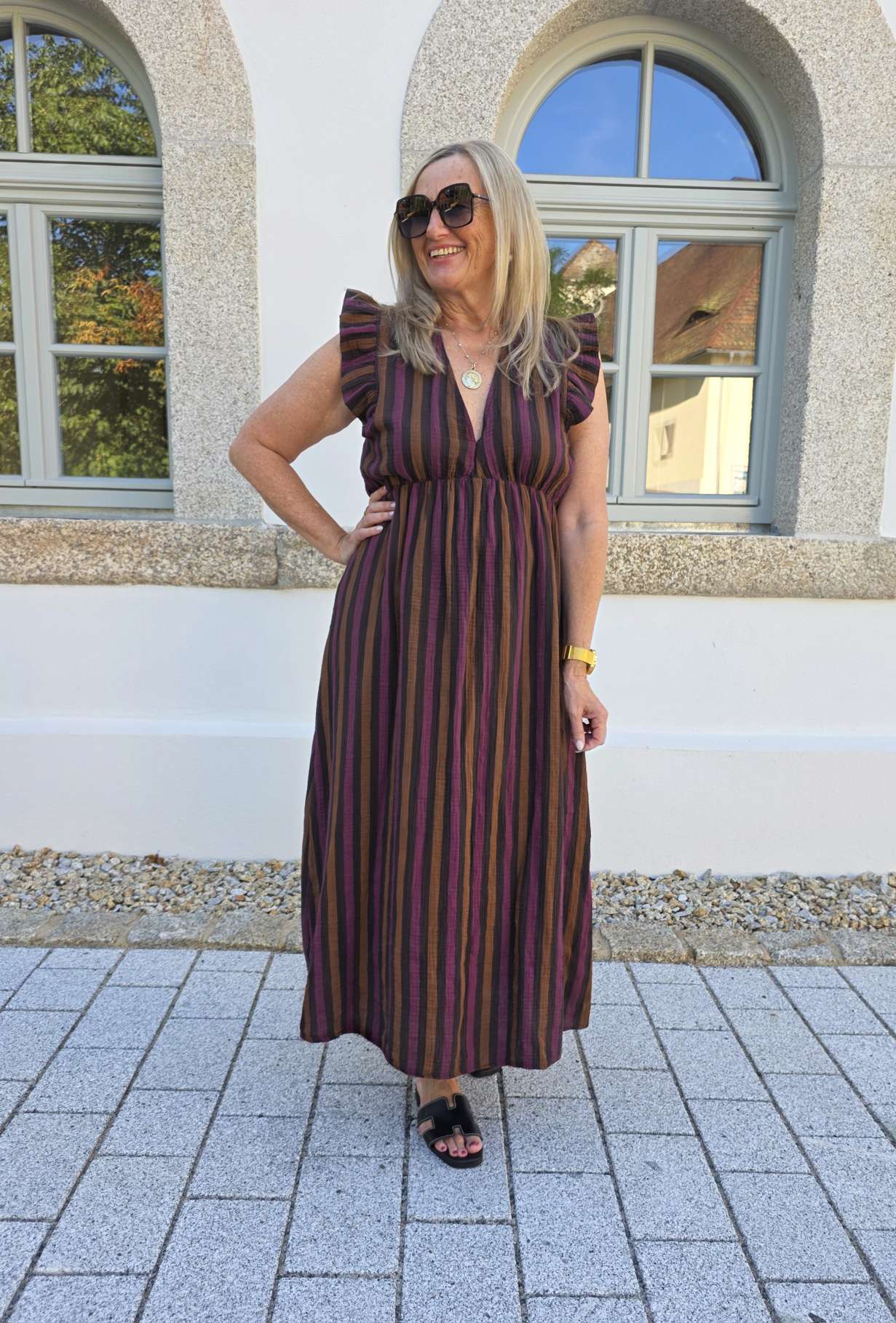 MUSSELIN KLEID ZOE STRIPES 34 - 42 Made in Italy ärmellos Rüsche 