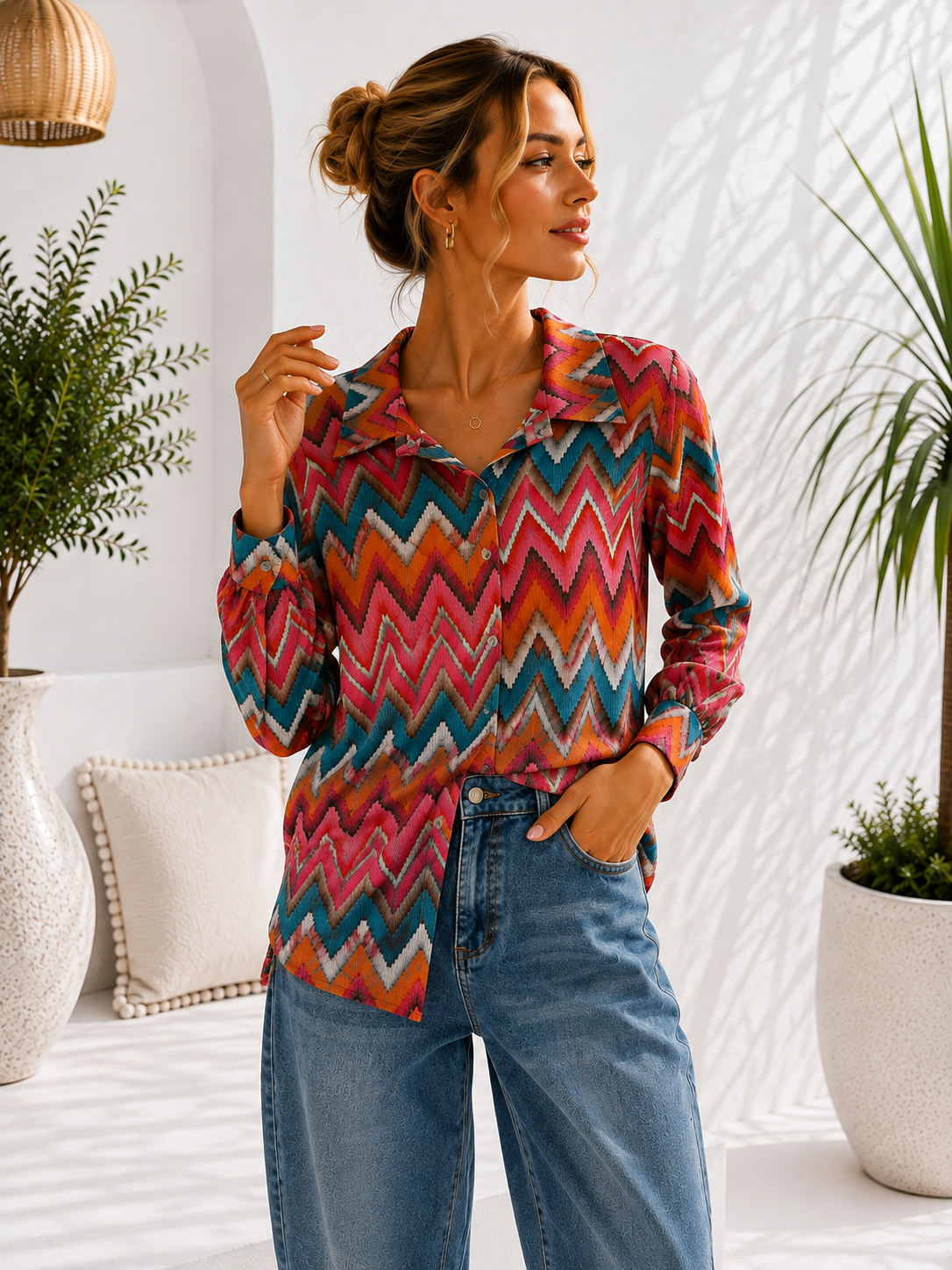 Bluse Esperanza – Edle Kofferbluse mit zickzack  Muster –  Made in Italy Gr 34-42