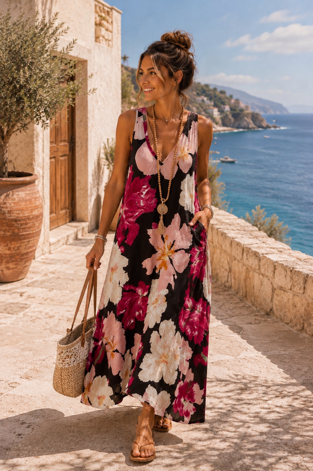 Maxikleid Bali – Made in Italy  Trendiges Leo-Kleid mit Taschen | Passend bis Größe 42/44
