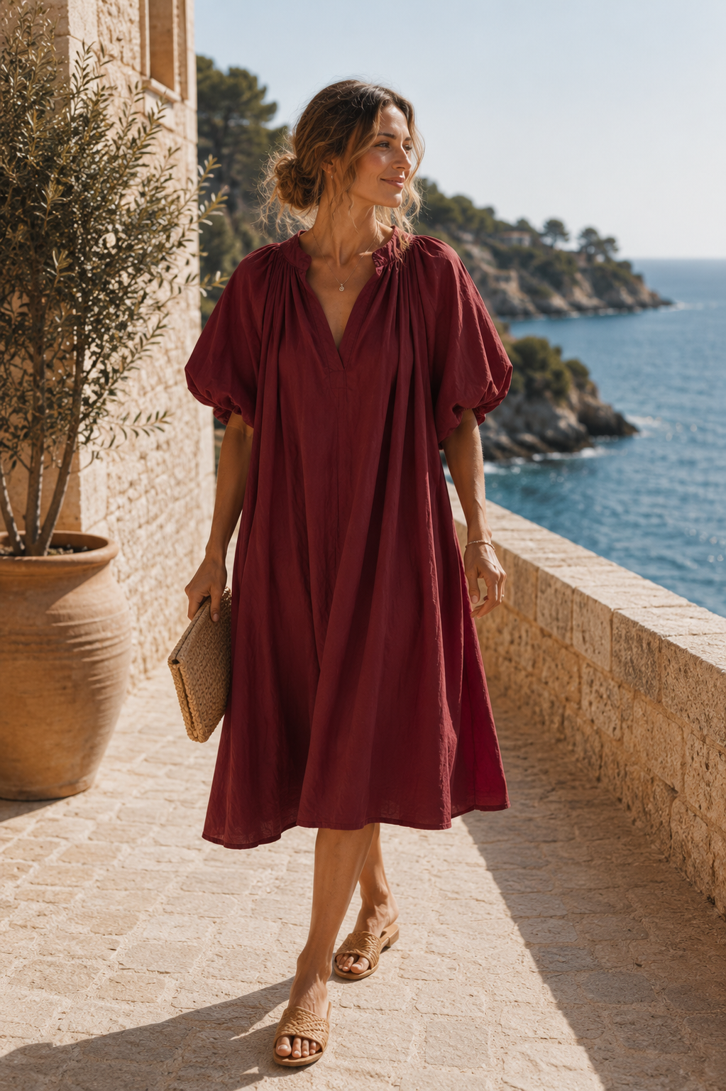Kleid Kesia lang Tulpenärmel Uni Baumwolle Made in Italy 34-44/46