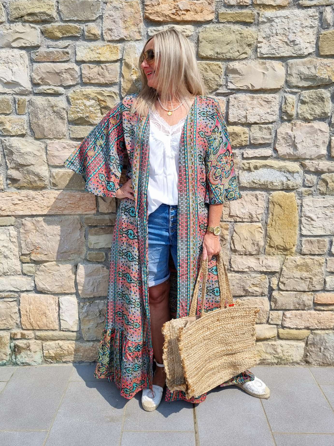 MAXI SILK KIMONO MALEDIVE MIT VOLANT PETROL Seide Jacke Mantel Beach Sommer 34-40 Kaftan MAXI SILK KIMONO MALEDIVE MIT VOLANT PETROL Seide Jacke Mantel Beach Sommer 34-40 Kaftan