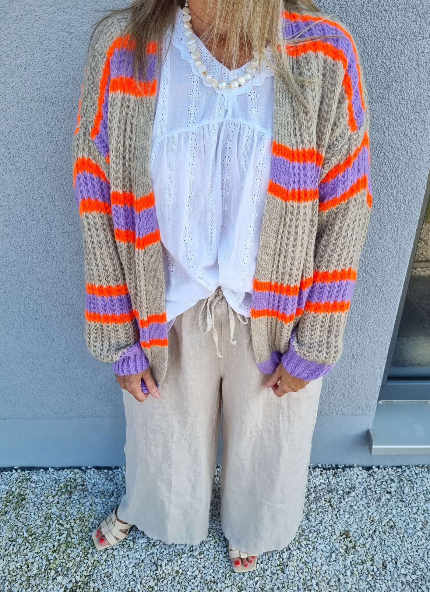 SHORT KNIT CARDIGAN MYKONOS STRIPES BEIGE FLIEDER ORANGE kurze Strick Jacke Made in Italy Streifen 34-42 SHORT KNIT CARDIGAN MYKONOS STRIPES BEIGE FLIEDER ORANGE kurze Strick Jacke Made in Italy Streifen 34-42