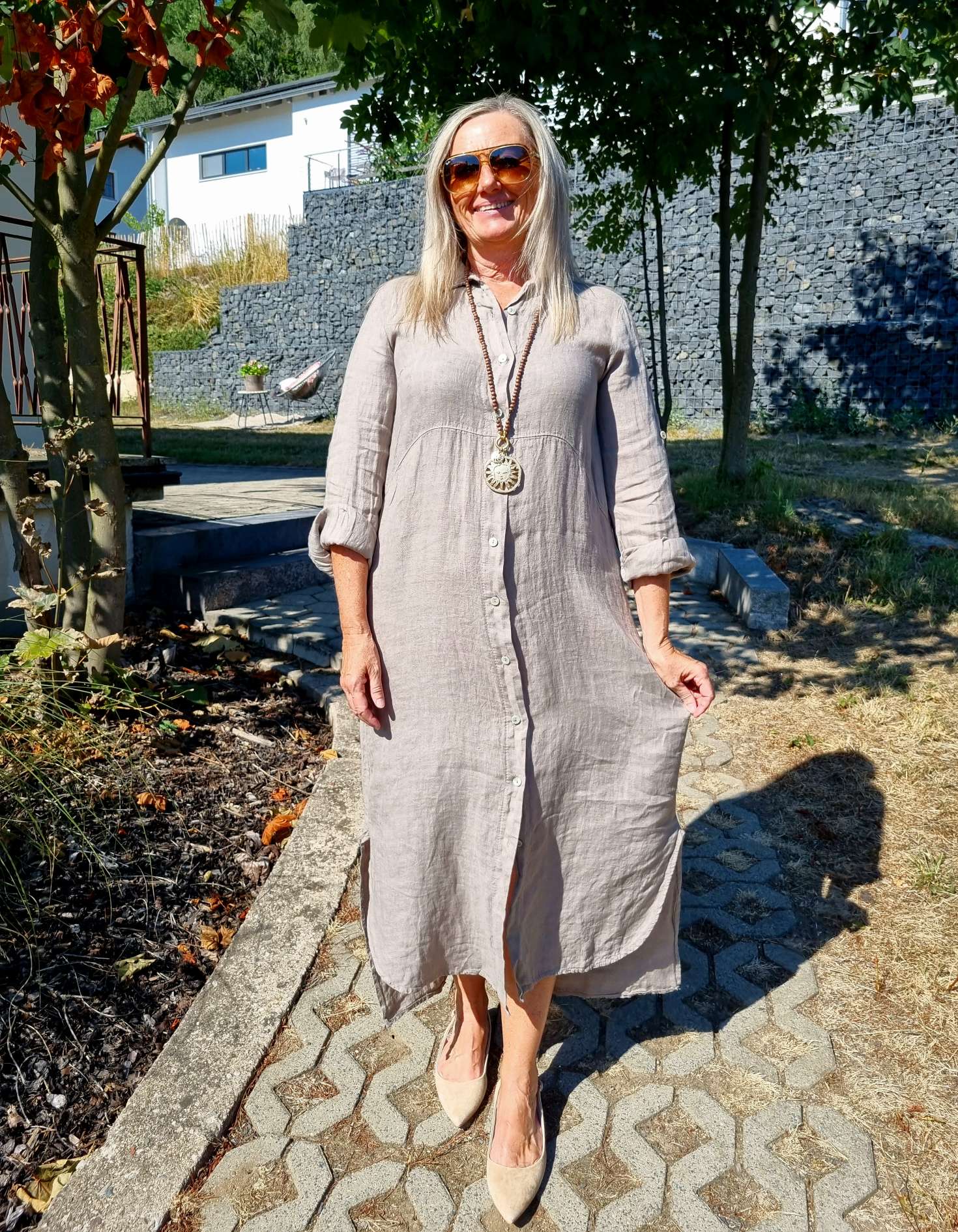 LINEN DESS WANDA 2 SCHLAMM 34-40 Made in Italy Leinen Kleid Long Bluse Mantel LINEN DESS WANDA 2 SCHLAMM 34-40 Made in Italy Leinen Kleid Long Bluse Mantel
