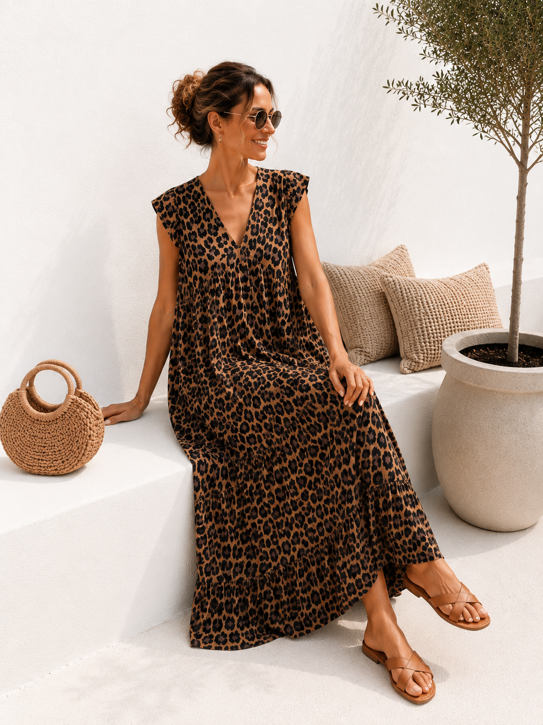 MAXI MUSSELIN KLEID TENERIFFA LEO Made in Italy 34-40/42 ärmellos